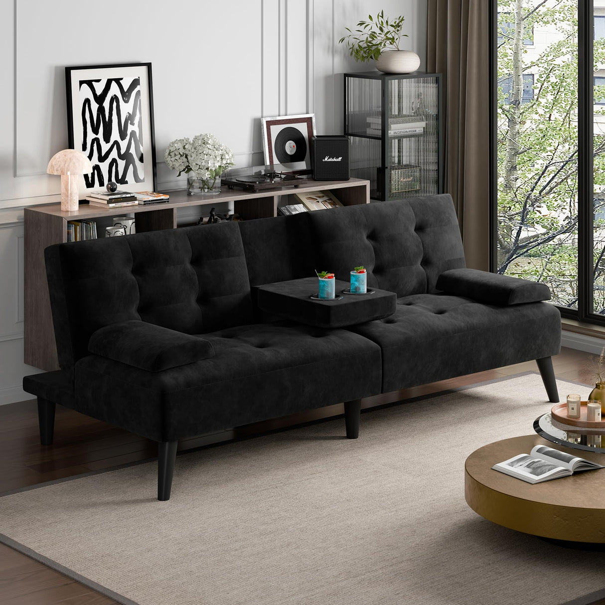 JAMFLY Futon Couches Loveseat Sofa Bed, Convertible Lazy Futon Sofa Bed with Cup Holder for Small Spaces, Bedroom, Apartment, Dorm, Living Room, Dorm, Black Velvet JAMFLY