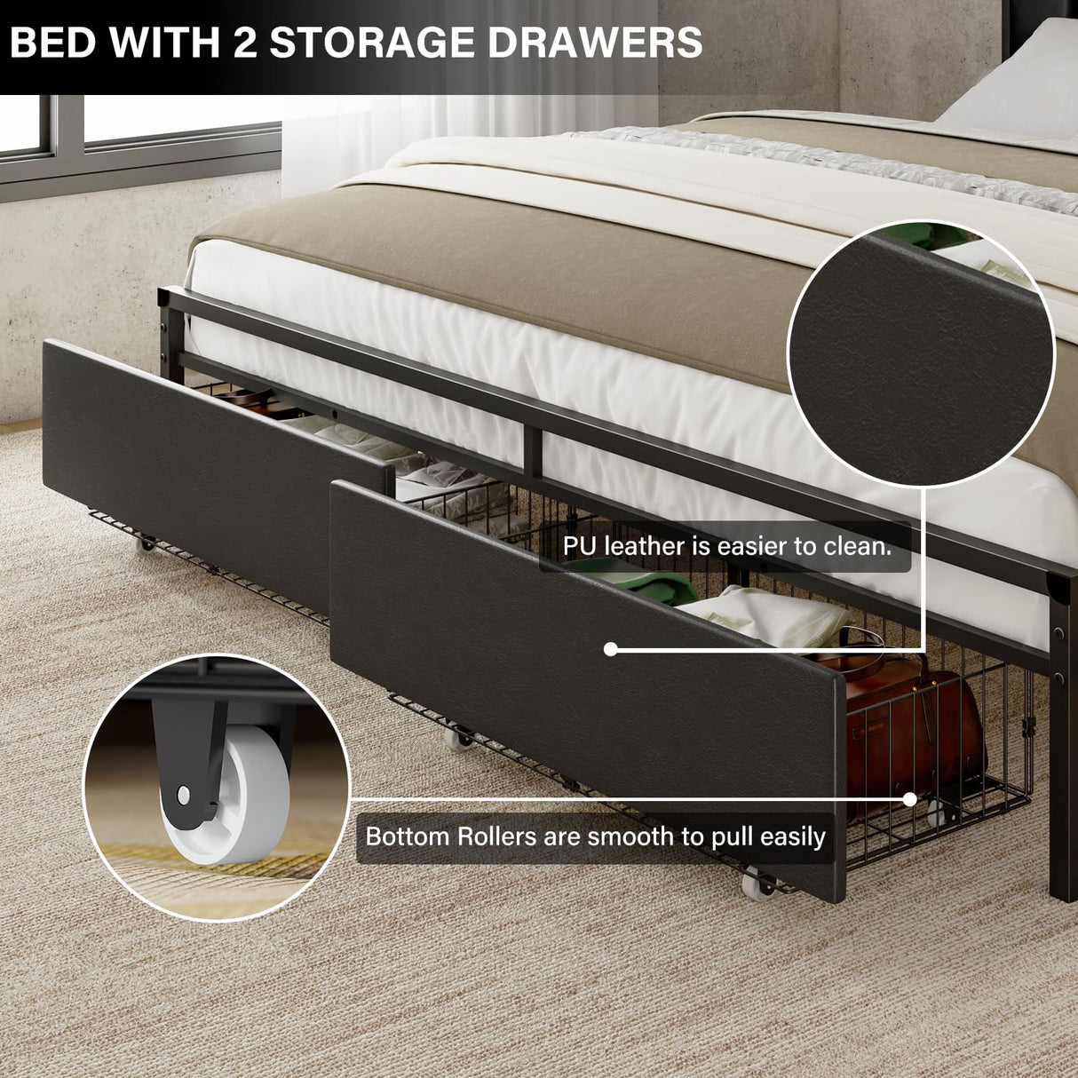 LUXOAK King Bed Frame with RGB LED Lights, 2 Drawers, and Charging Station in Black LUXOAK