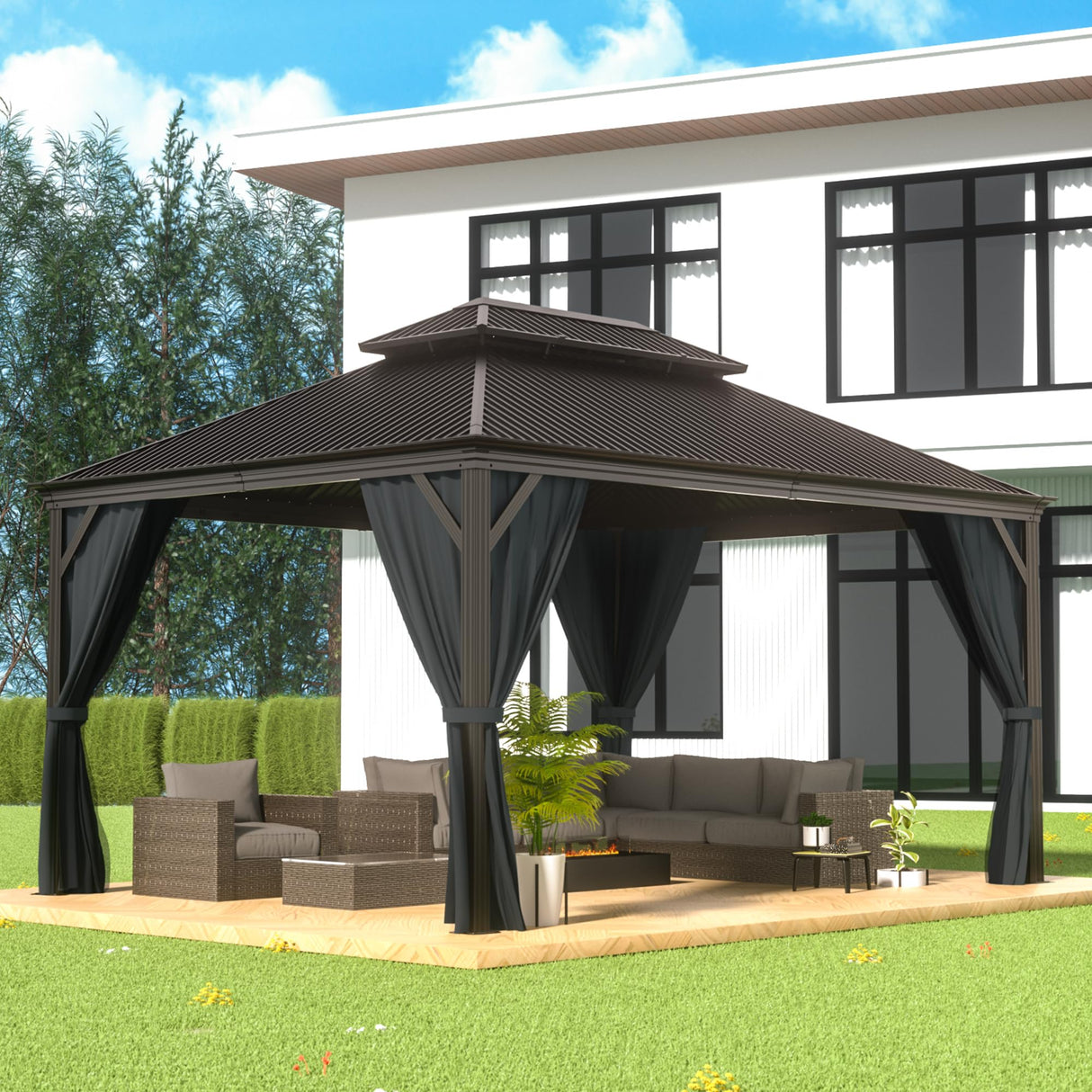 Sumshadow 12'x16' Hardtop Metal Gazebo, Outdoor Galvanized Steel Double Roof Canopy, Aluminum Patio Gazebo with Netting and Curtains for Patio, Lawns, Deck, Backyard,Grey Sumshadow