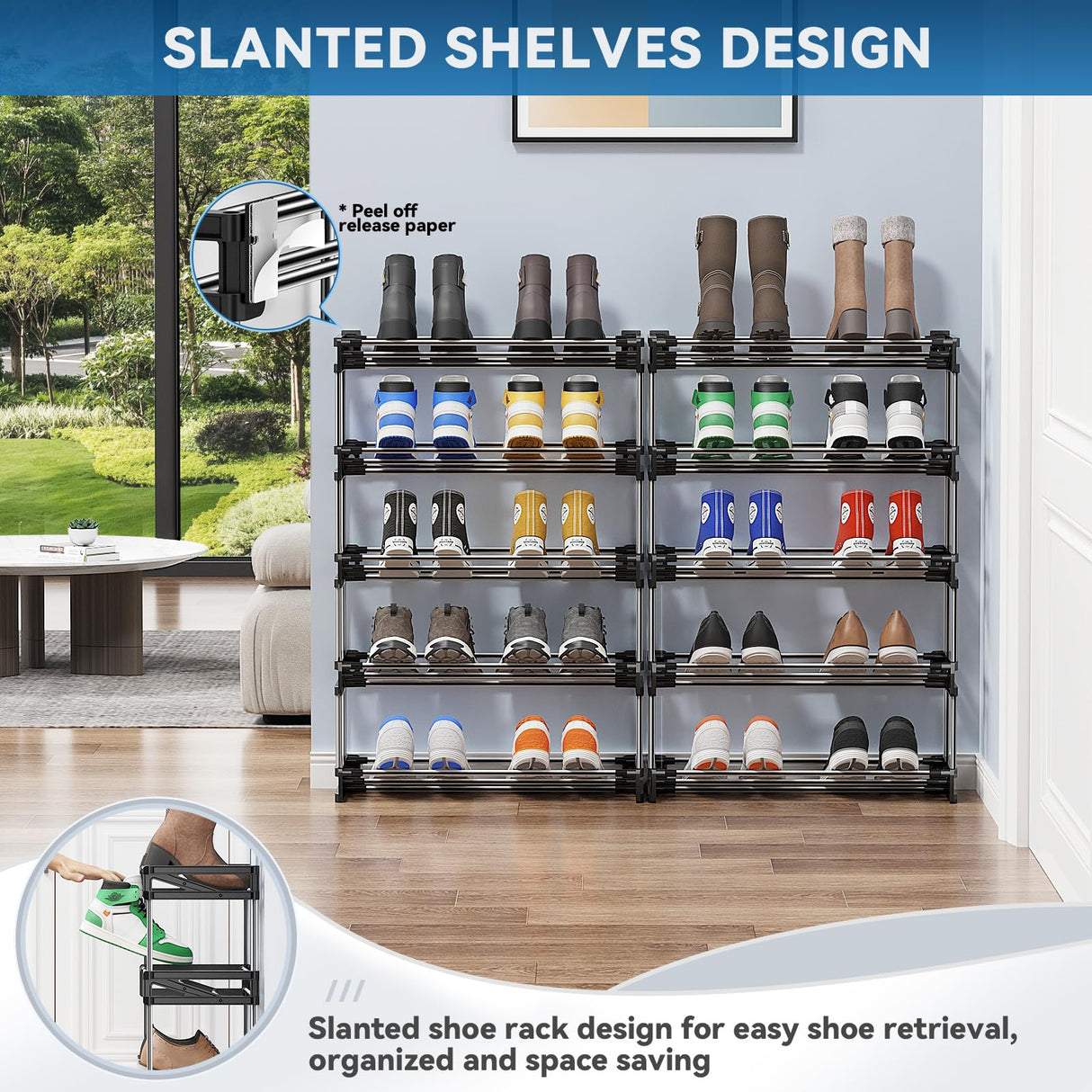 DEYILIAN Free Standing Shoe Racks, 5 Tier Shoe Rack for Entryway Shoe Storage Narrow Shoe Rack Holds 10 Pairs of Shoes with Slanted Space Saving Shoe Shelf Shoe Organizer for Closet Black DEYILIAN