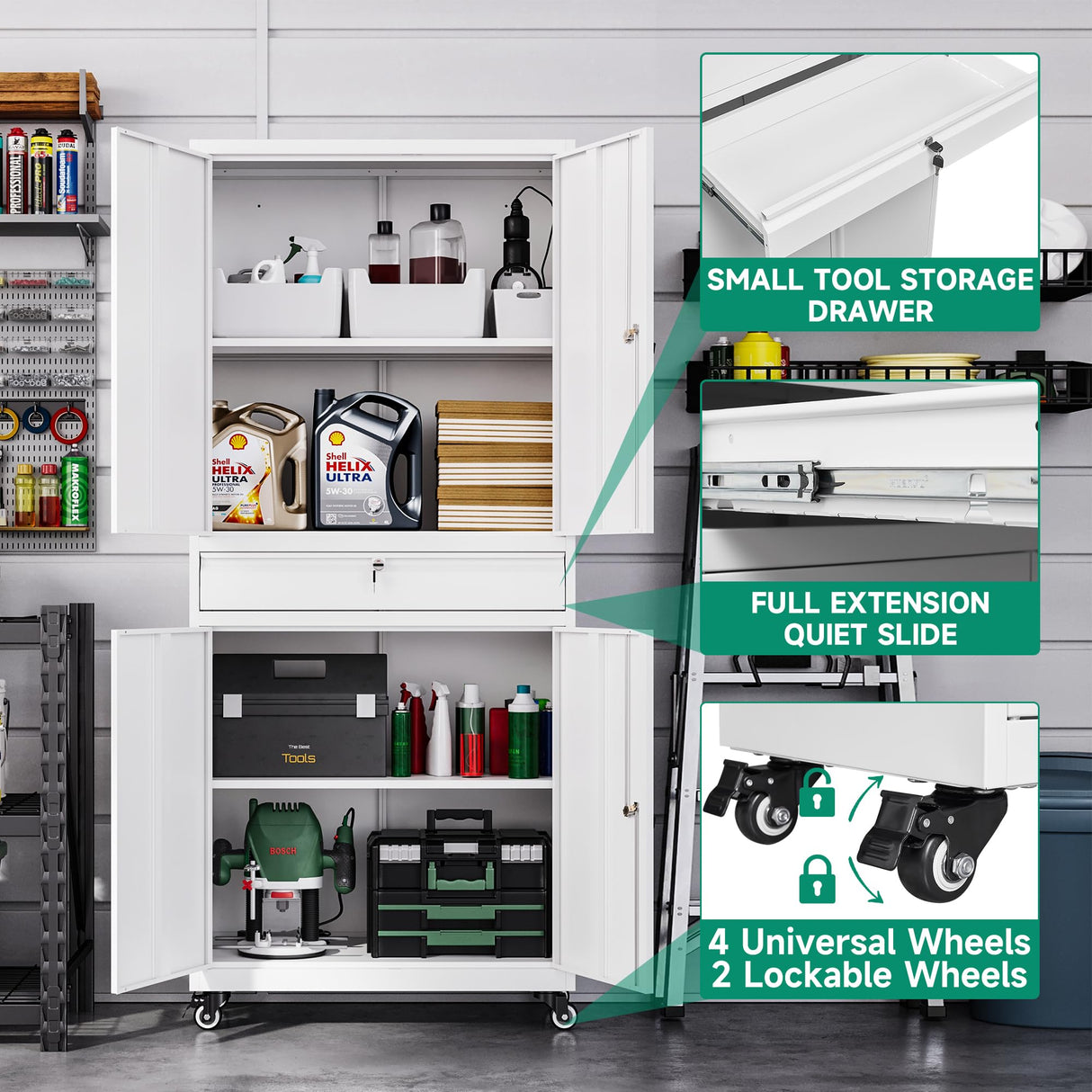 Letaya Metal Garage Storage Cabinet with Wheels,72“ Rolling Tool Cabinet with 4 Door Lock-Adjustable Shelves and Drawer for Garage Home Office Utility Room (White with Wheels) Letaya