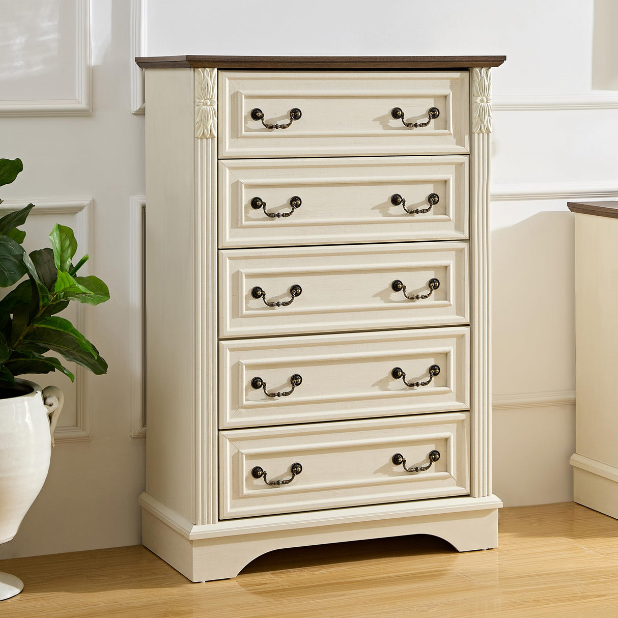 BLANKSPACE White Dresser for Bedroom,5 Drawers Dresser, Farmhouse Dresser for Bedroom,5 Chest of Drawers with Thickened Wood Carving for Closet,Hallway (Rustic White) BLANKSPACE