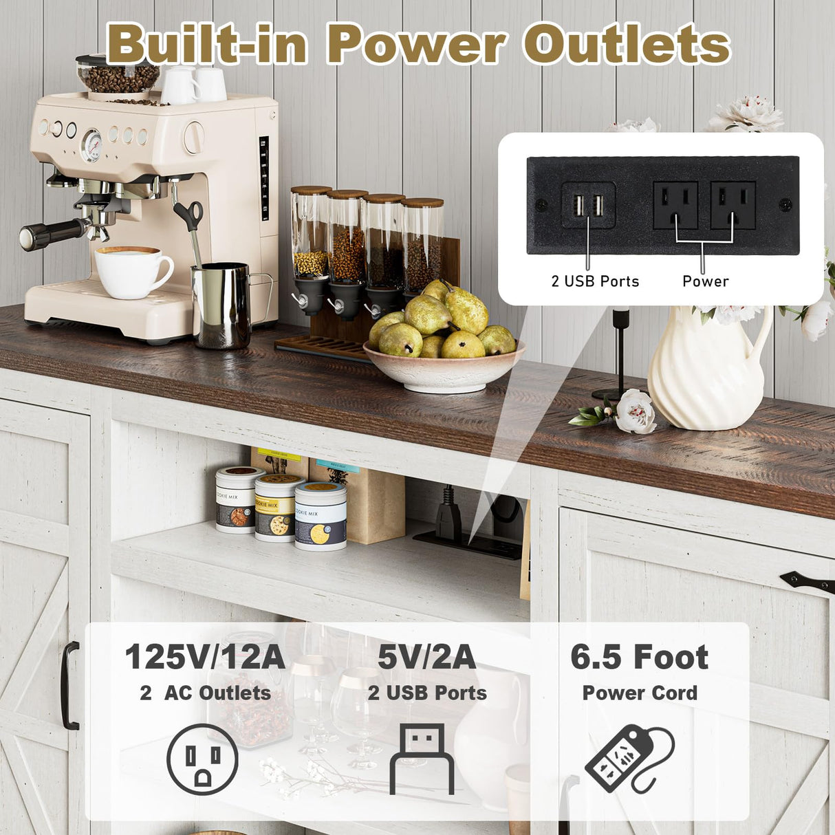 XVD 66" Farmhouse Coffee Bar with Charging Station, Sideboard Buffet with Large Storage, Wood Storage Cabinet with Adjustable Shelves for Kitchen, Living Room, Rustic White XVD