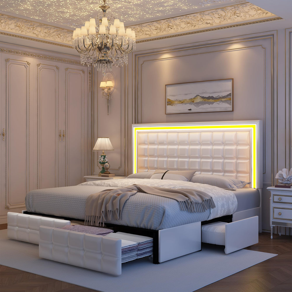 GEGOFORU LED Upholstered King Bed Frame with Adjustable Headboard and 4 Drawers in PU White GEGOFORU