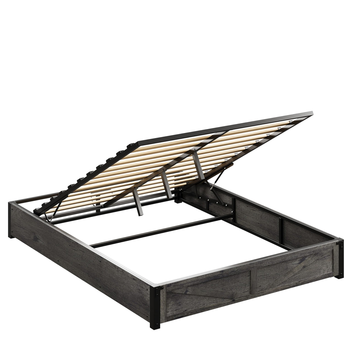 LIKIMIO Platform Queen Size Bed Frame, Farmhouse Bed Frames with Lift Up Storage, Wooden Slats, Sturdy and No Noise, Easy Assembly, Charcoal Grey LIKIMIO