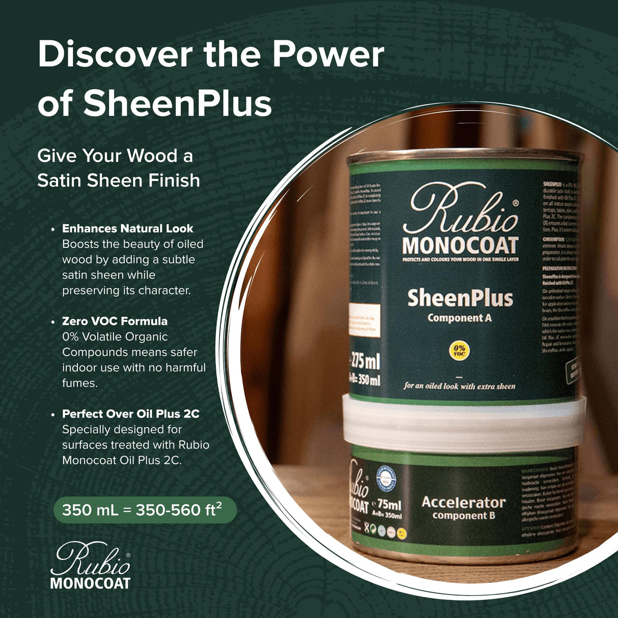 Rubio Monocoat SheenPlus 560 ft² | 0% VOC Satin Look Sheen Enhancer & Wood Finish for Interior Surfaces, Furniture, Floors, Countertops & Tables Finished with Oil Plus 2C | 350 ml Rubio Monocoat