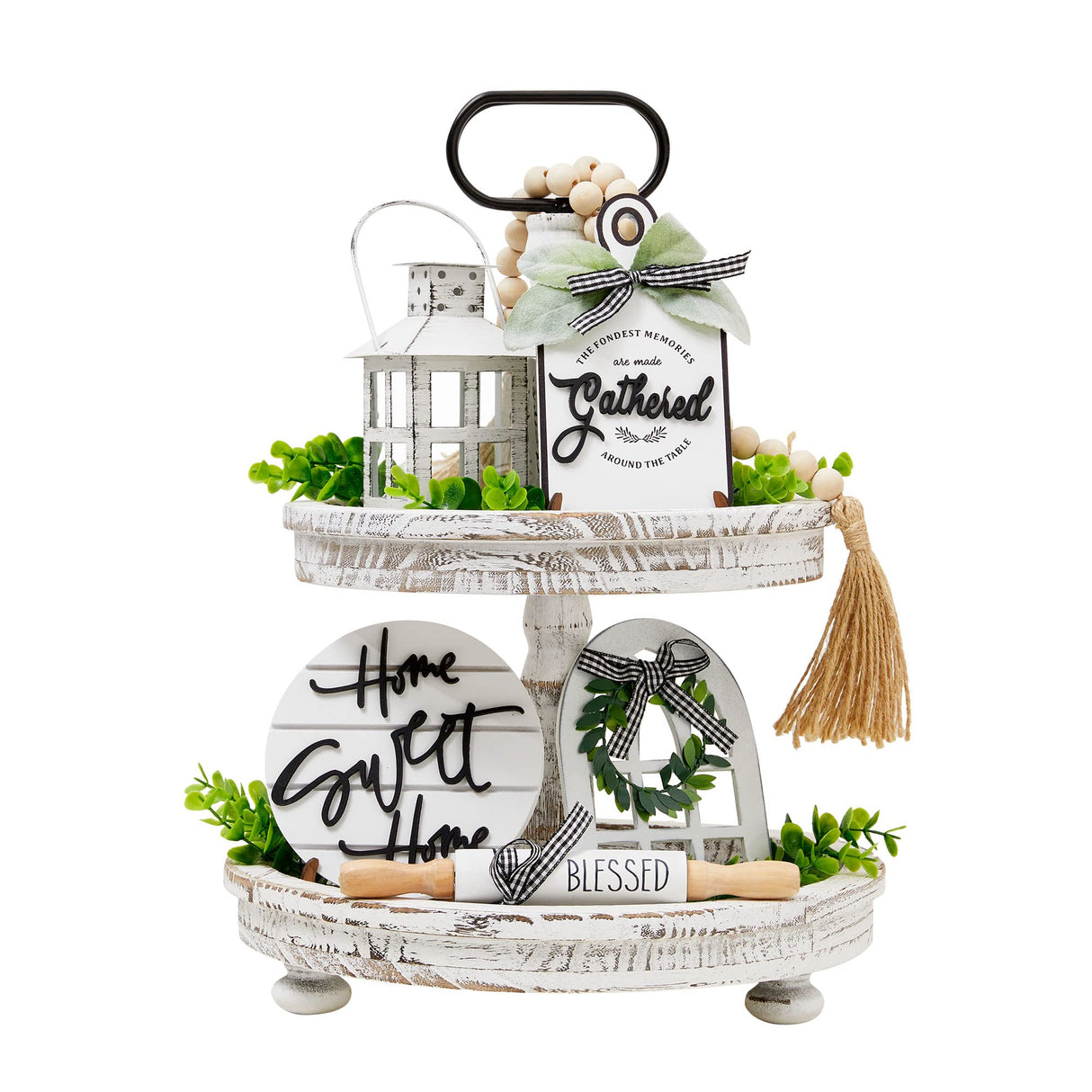 Houmury Set of 16 Farmhouse Tiered Tray Decor with 1 Lantern Artificial Plant& Cutting Board Sign for Rustic Home Kitchen Decor Tier Tray Decor Set (Tiered Tray Not Included) Houmury
