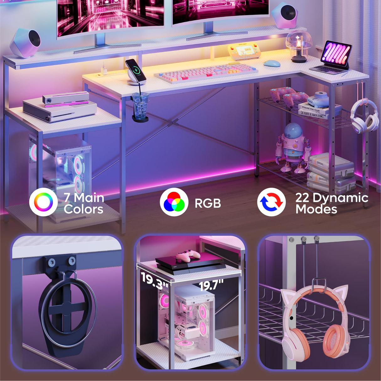 Bestier White Gaming Desk with Power Outlet, 71.5 LED Computer Desk with Monitor Stand, Large L Shaped Desk with Adjustable Shelf, Cup Holder & Headset Hooks, Corner Study Desk for Bedroom Bestier