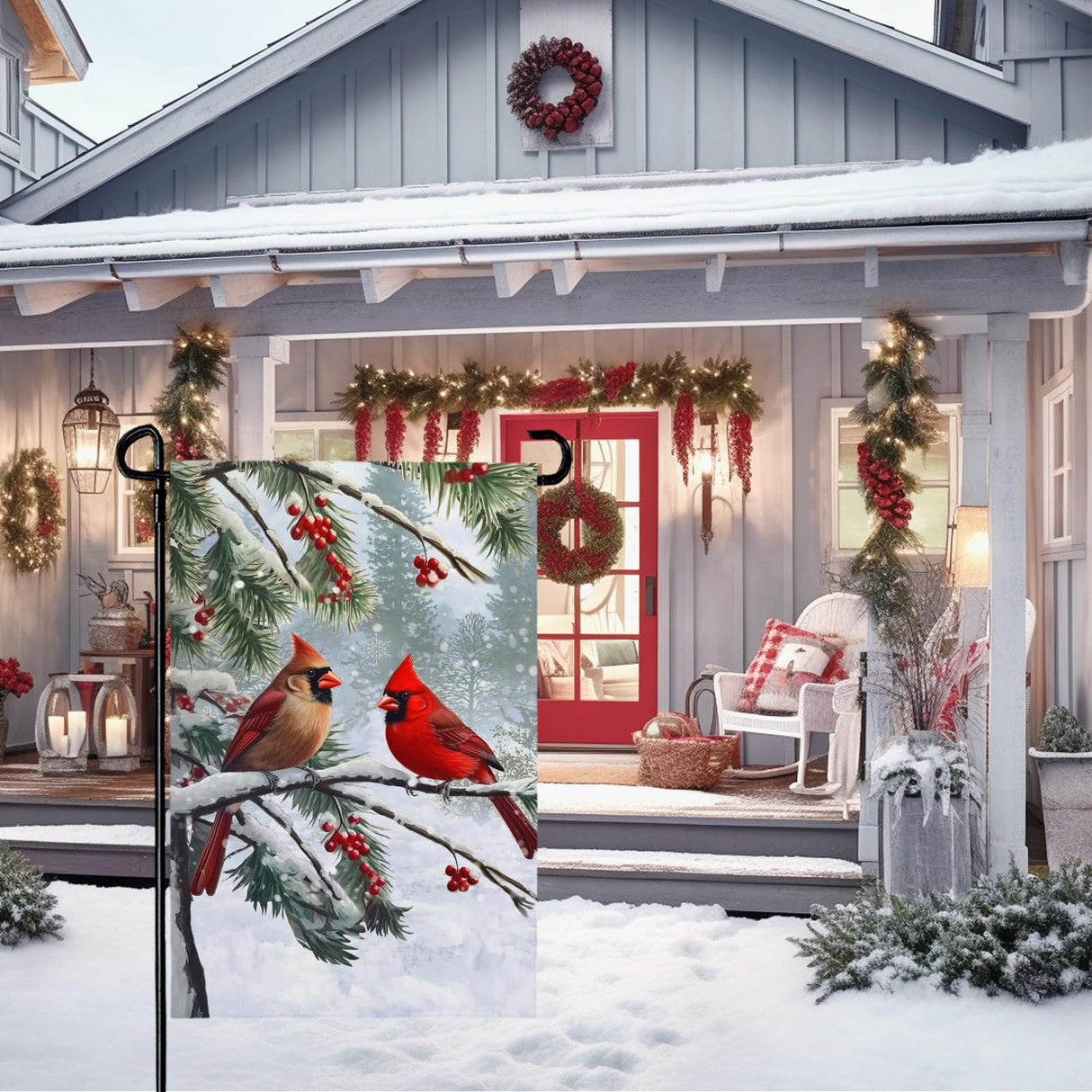 Dacawin Winter Cardinal Bird Garden Flag Red Bird Pine Twigs Yard Flag Double Sided Polyester Holly Berry Snow Seasonal Garden Flags for Outdoor Farmhouse Christams Holiday Decor 12x18 Inch Dacawin