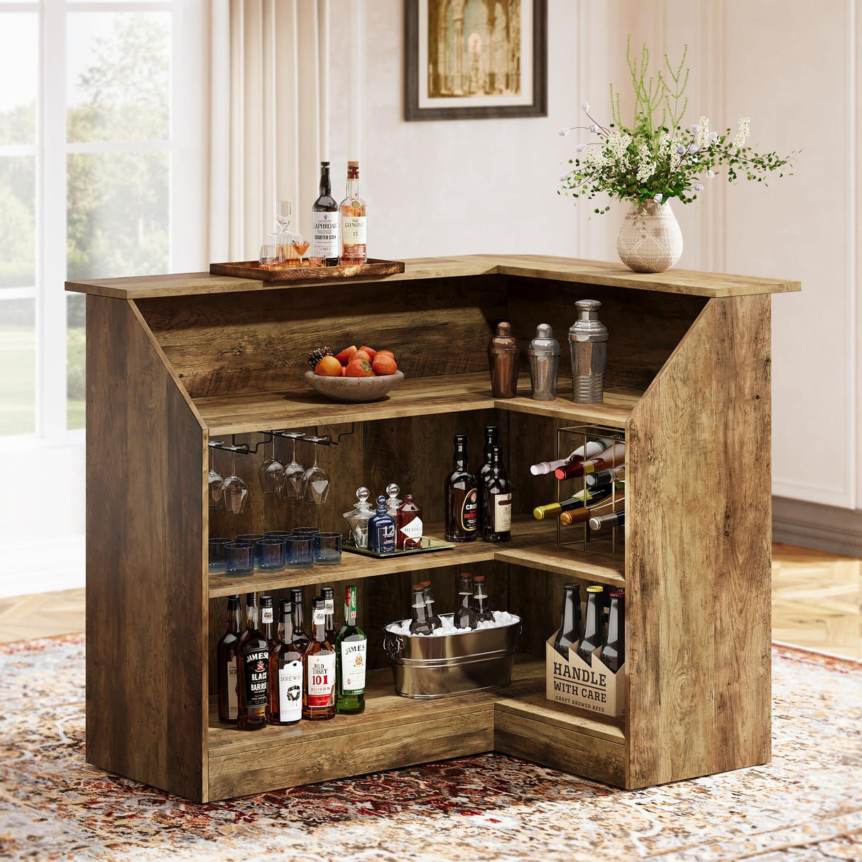 Tribesigns Bar Cabinet, L-Shaped Home Bar Table with Stemware Racks, 4-Tier Corner Bar Unit Liquor Wine Bar Table Reception Desk for Home Pub, Brown Tribesigns