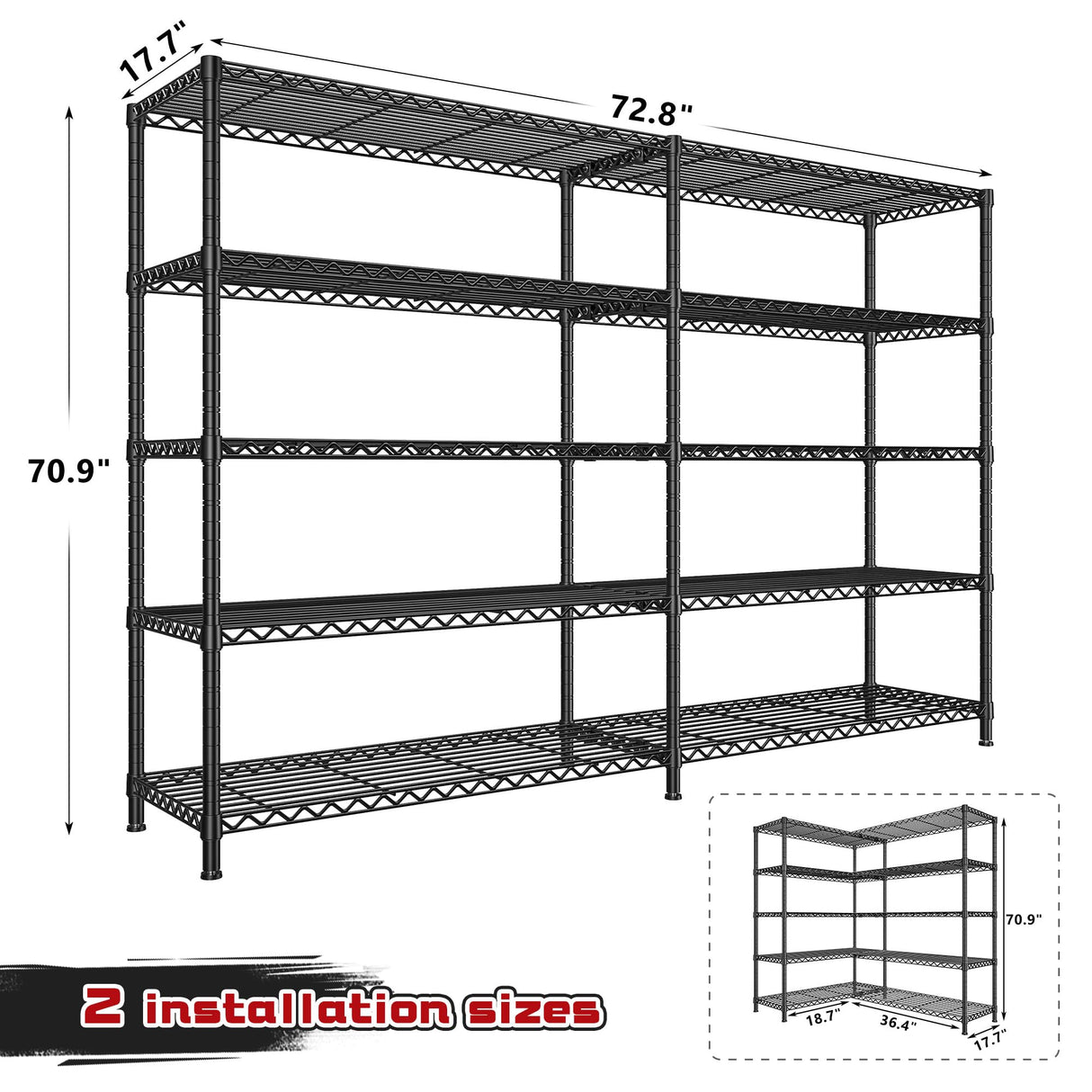 REIBII 72.8" W Storage Shelves Load 1600LBS, 5 Tier Metal Shelving Unit Wire Shelving for Storage Rack Heavy Duty Metal Shelves for Garage Pantry Kitchen, 17.7" D x 72.8" W x 70.9" H REIBII