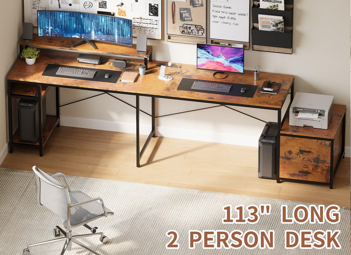 OtterOasis 66" L Shaped Desk with Wood Drawers, 113" 2 Person Desk with Printer Stand, Large Reversible L Shape Gaming Desk with Power Outlet, Brown Computer Desk with Power Outlet for Home Office OtterOasis