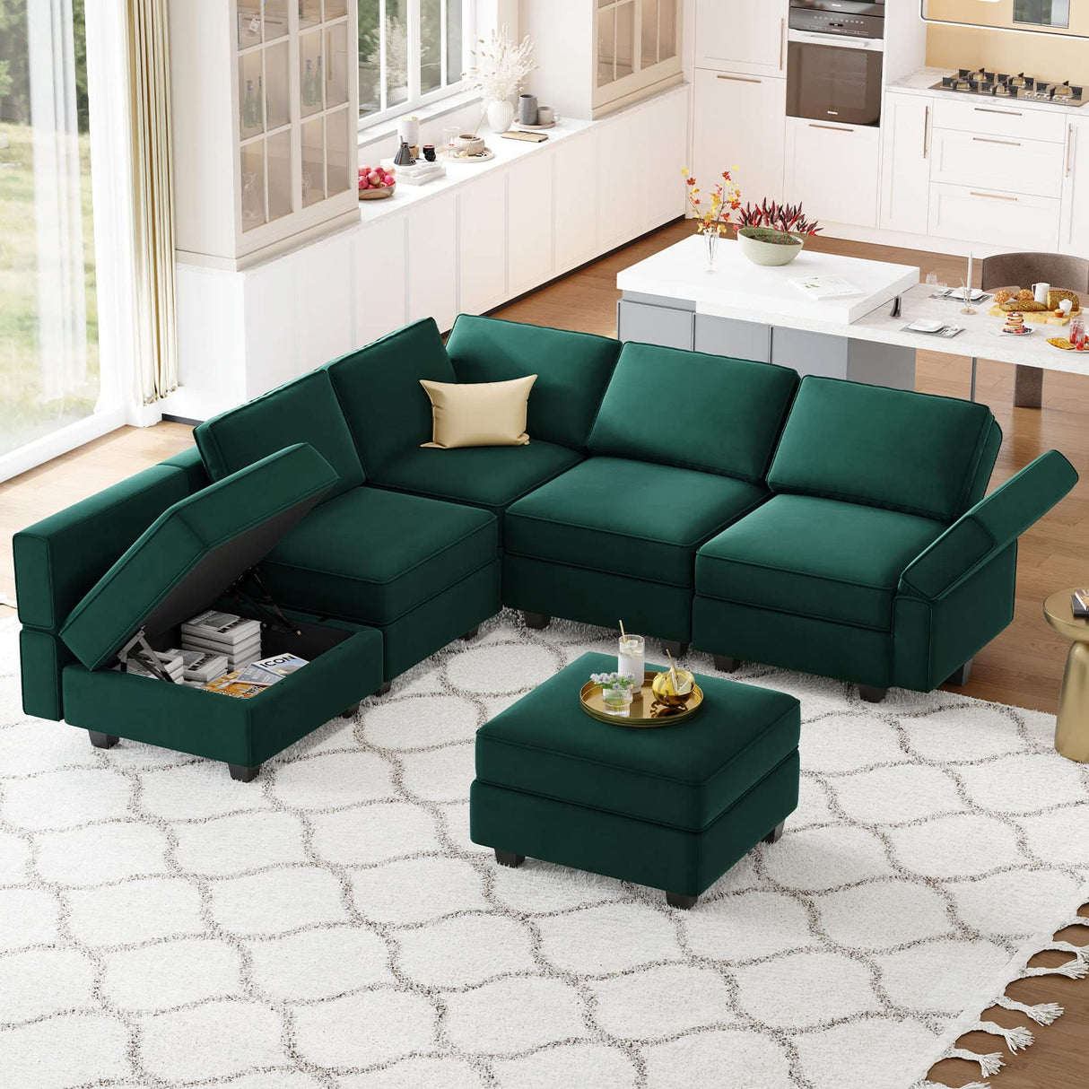 Belffin Modular Velvet Sectional Sofa with Chaise Lounge Sectional Sleeper Sofa with Storage Chaise Bed Couch for Living Room Green Belffin