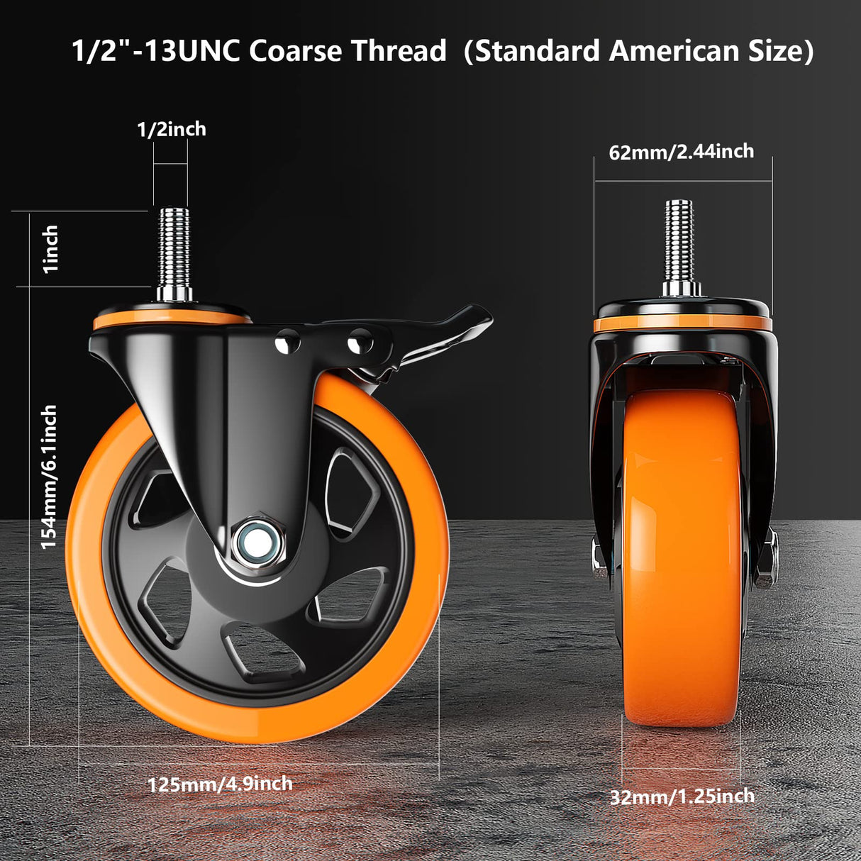 5 Inch Caster Wheels, Threaded Stem Casters Set of 4 Heavy Duty, Cart Wheels 1/2"-13 x 1 (Screw Diameter 1/2", Stem Length 1"), Safety Dual Locking Industrial Casters, Wheels for Cart, Furniture YUPEZOP