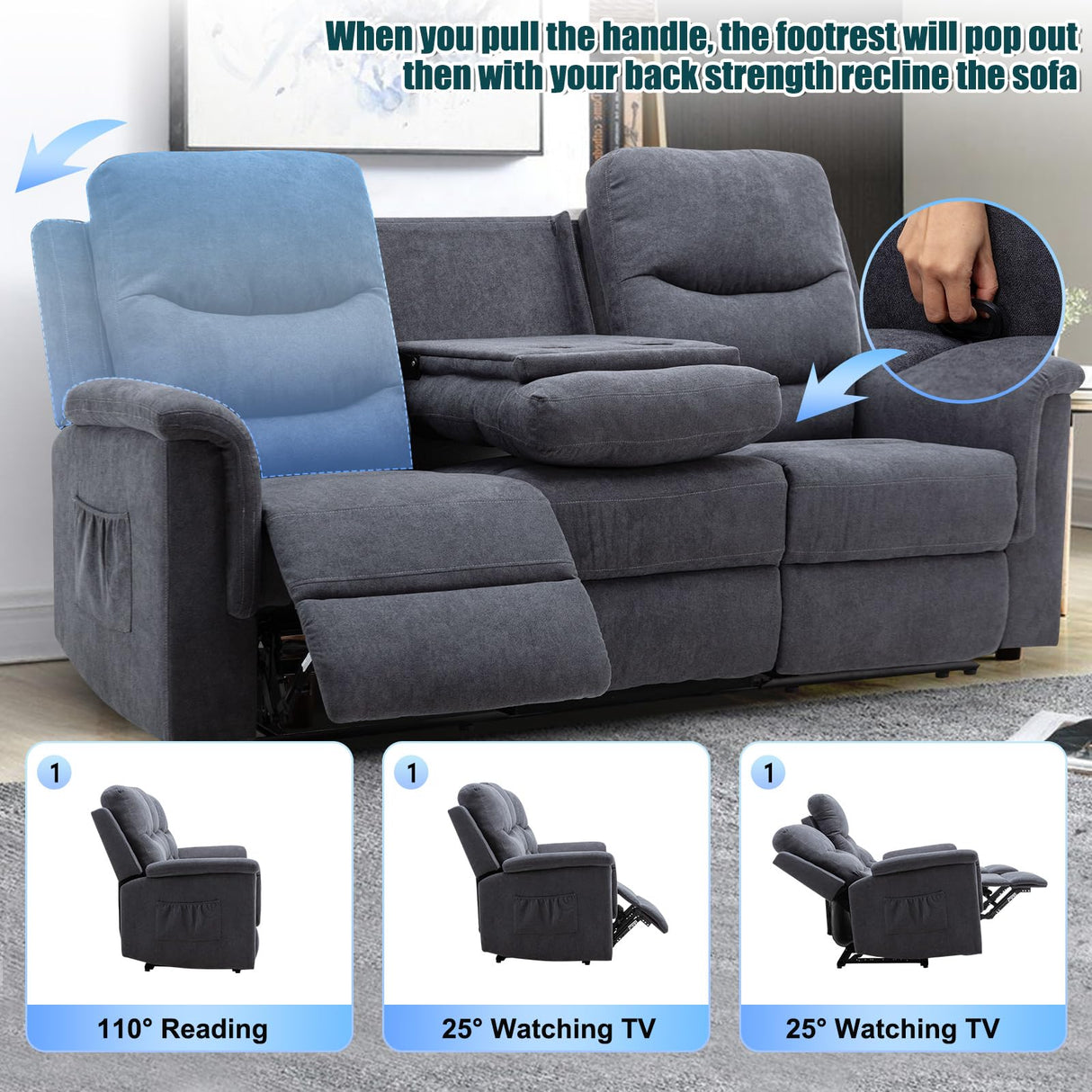 Consofa Reclining Sofa, Recliner Sofa 3 Seater with Flipped Middle Backrest, 2 Cup Holders, Manual Wall Hugger Couches for Living Room, Home Theater Seating Loveseat Recliner Sofa Consofa