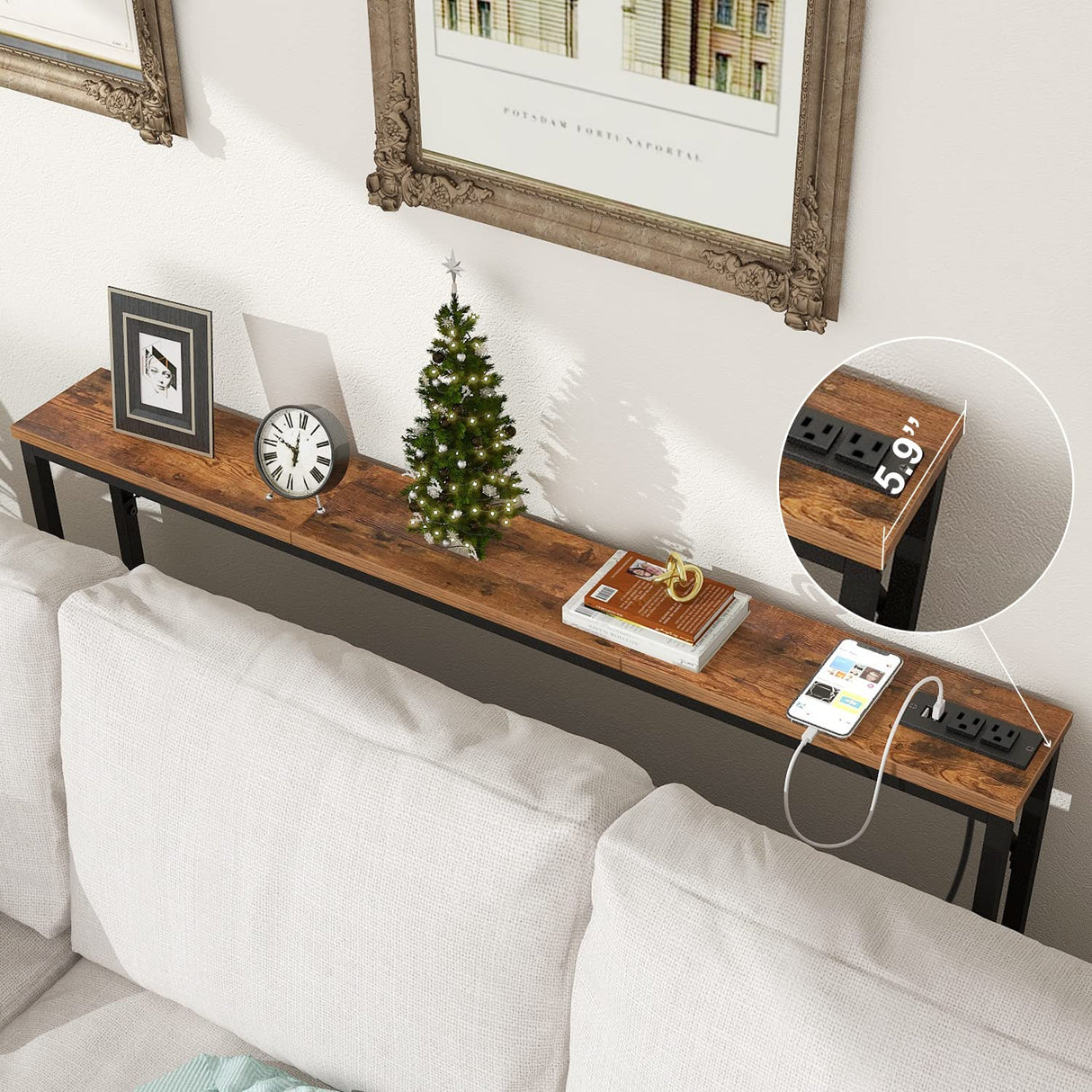 Tohomeor 5.9" Skinny Behind Sofa Console Table with Charging Station 47.24" Narrow Long Behind Couch Table with Power Outlets USB Ports Thin Entry Table for Entryway Living Room Hallway Tohomeor