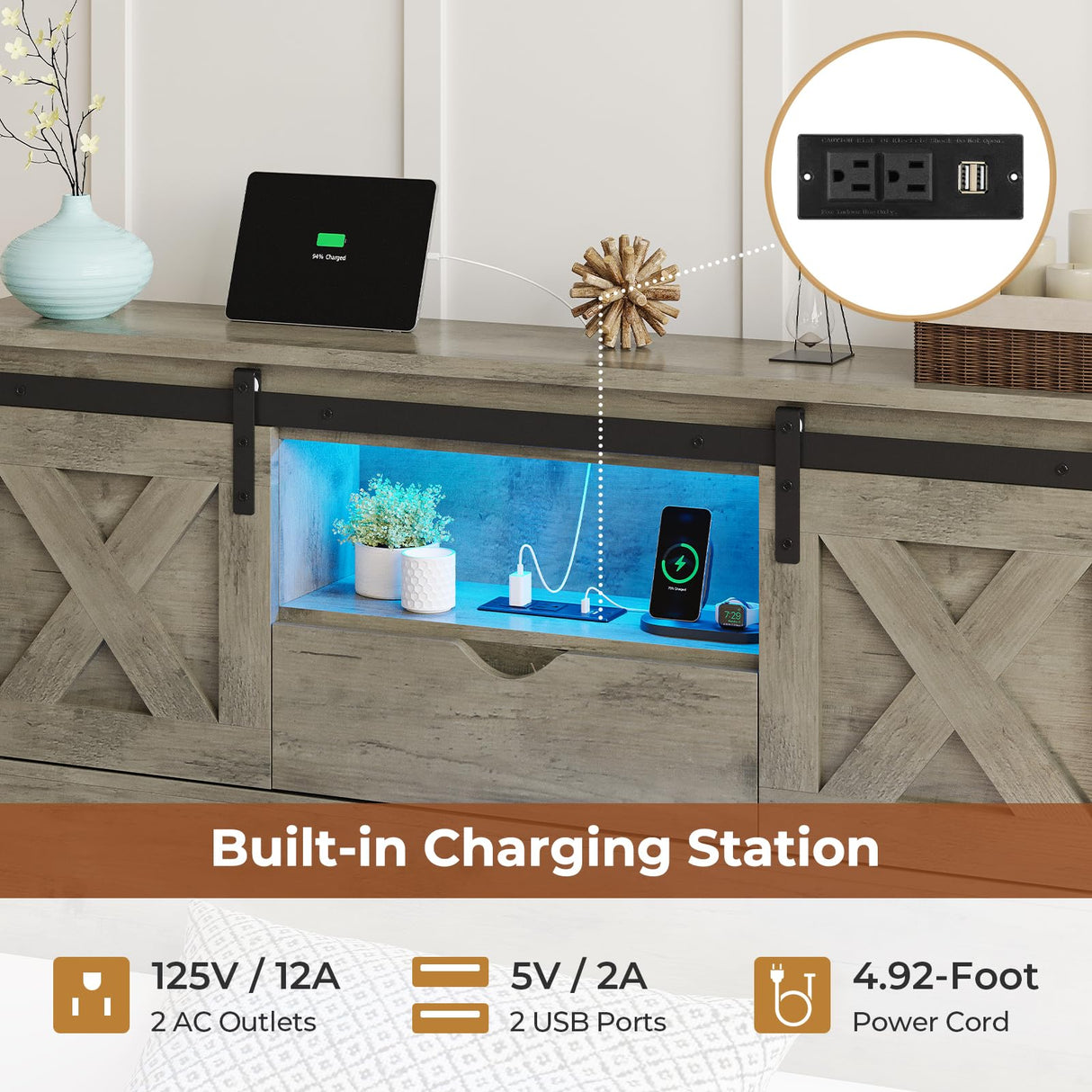 Hasuit Farmhouse Bed Frame Twin XL Size with 2 Storage Drawers, Wooden Platform Twin XL Bed with LED Lights and Charging Station, Rustic Headboard with Sliding Barn Door Storage Cabinets (Rustic Oak) Hasuit