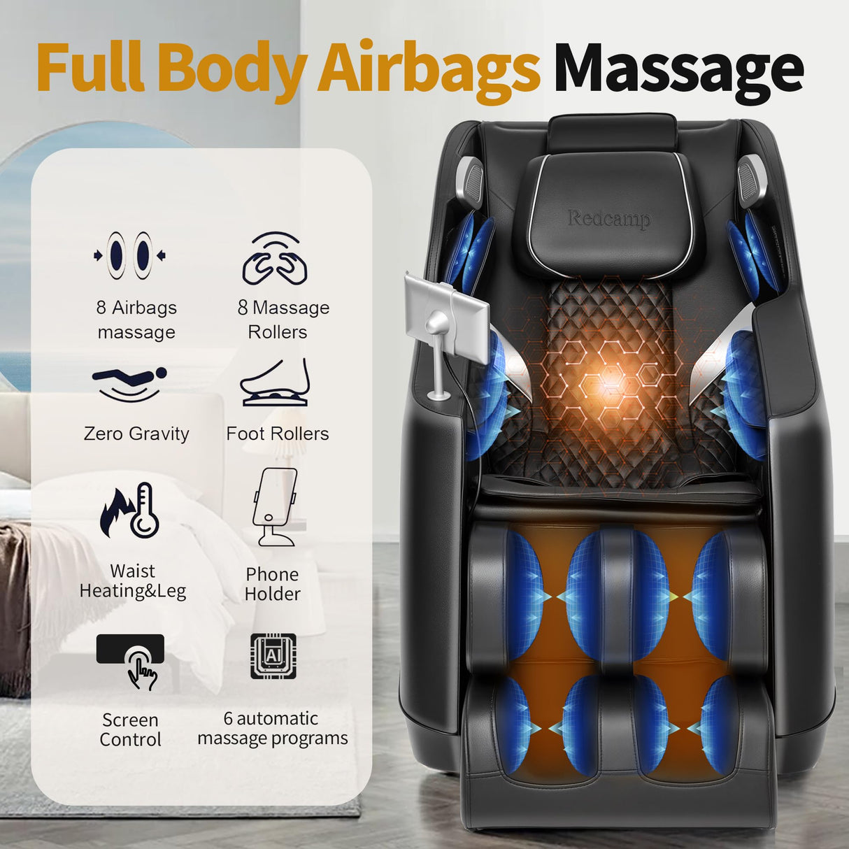 Redcamp Massage Chair Full Body: with 8-Point Fixed Nodes, Zero Gravity, Waist & Leg Heating, Airbag Massage, Bluetooth Music, LED Remote, Foot Rollers, Auto Programs, Adjustable Calf Redcamp