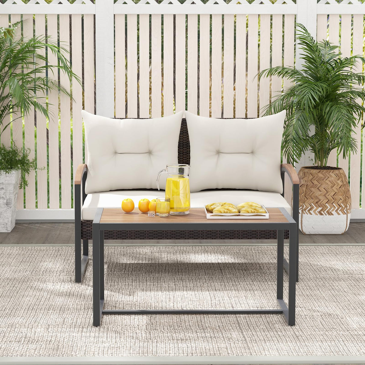 Tangkula 2 Pieces Patio Wicker Furniture Set, Heavy Duty Outdoor Cushioned Loveseat with Acacia Wood Coffee Table, for Backyard, Balcony, Deck and Poolside (Off White) Tangkula