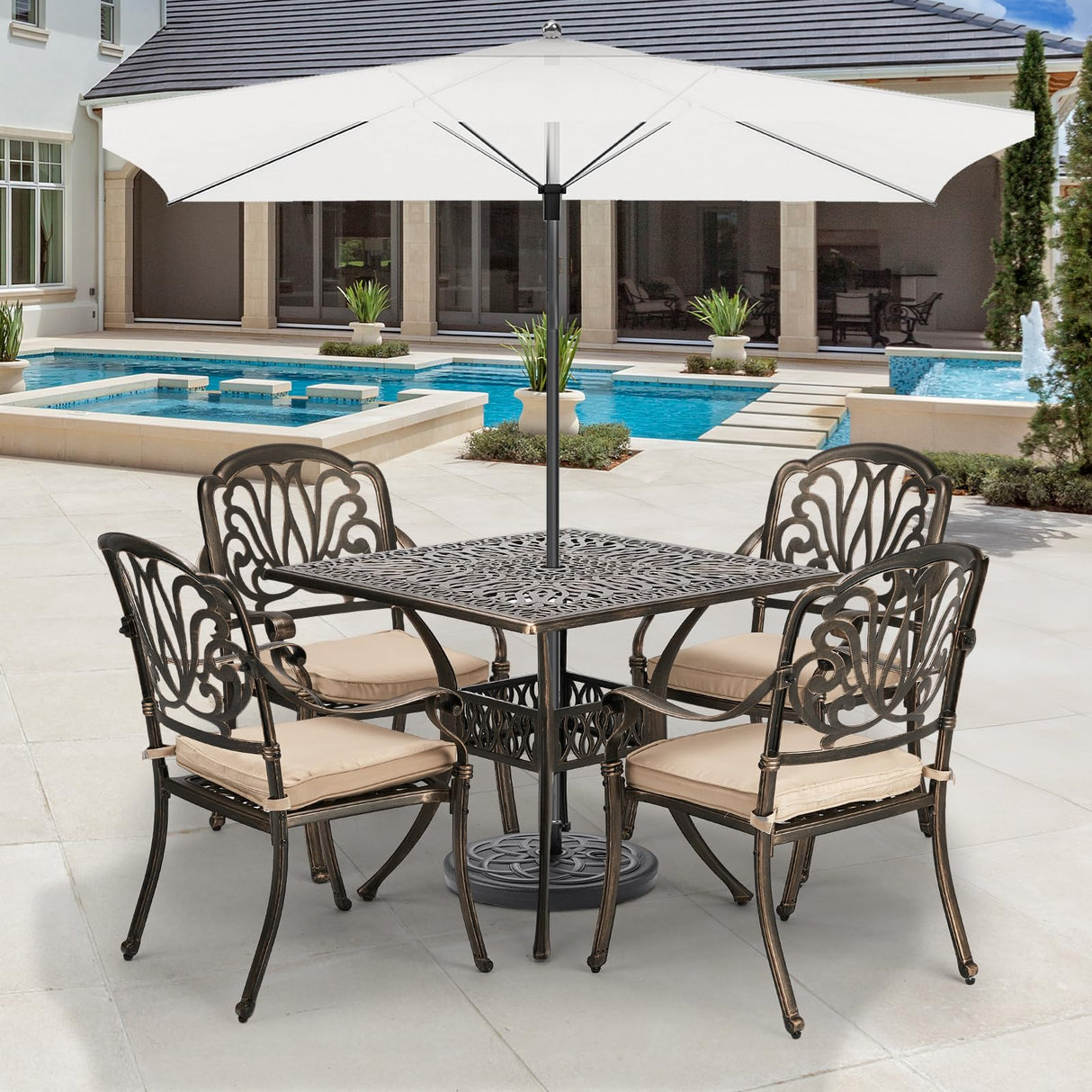 VINGLI 5-Piece Outdoor Patio Dining Set, Cast Aluminum All-Weather Outdoor Table and Chairs w/Cushion, Outdoor Furniture Set w/Umbrella Hole for Backyard Deck Poolside (Square, Elizabeth Back) VINGLI