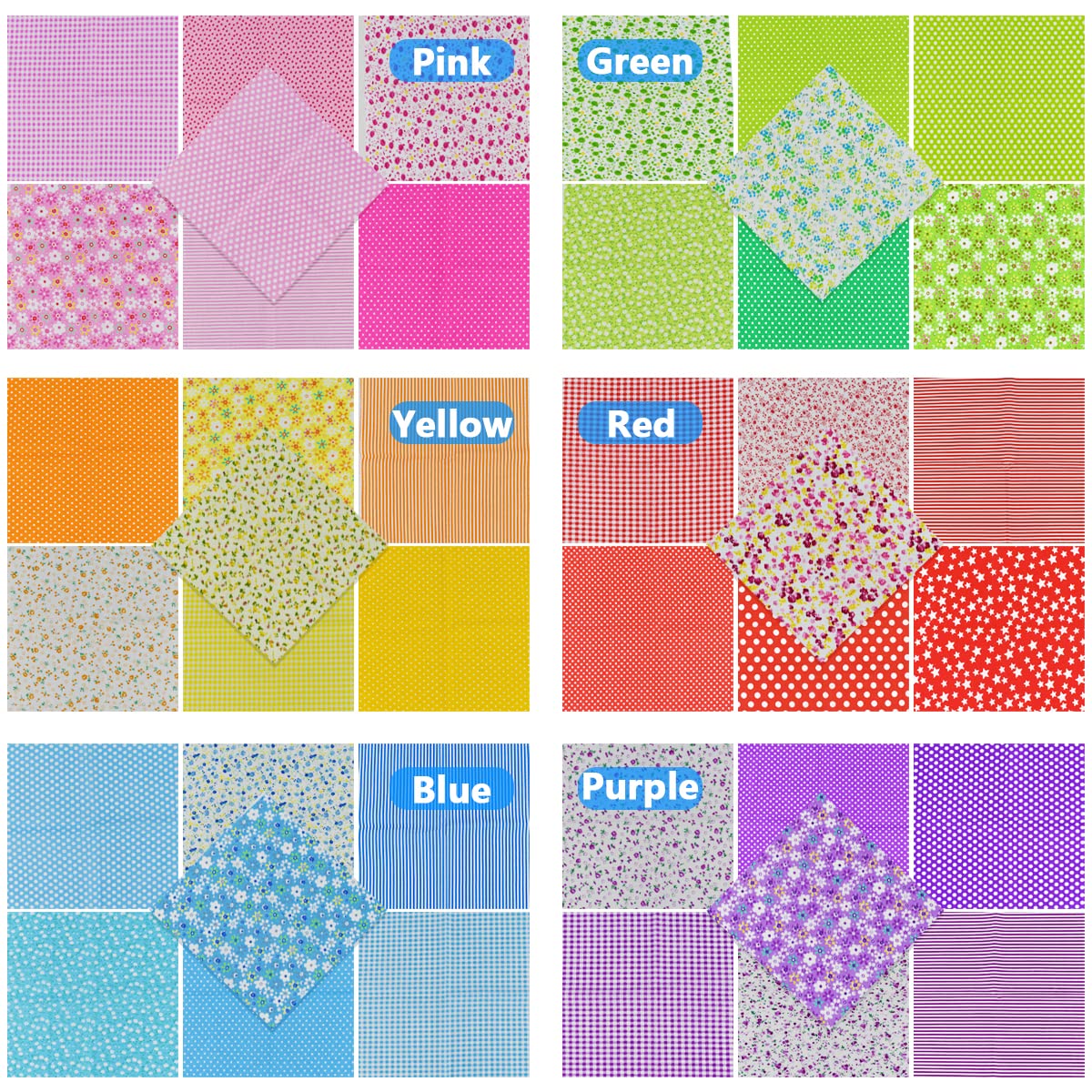 9.8X 9.8 42Pcs Cotton Print Fabric Bundle Squares Pre-Cut Multicolor Design Printed Quilting Sewing Floral for Quilting Patchwork DIY Craft Scrapbooking Cloth (Red/Yellow/Green/Blue/Pink/Purple) BDS-HOME