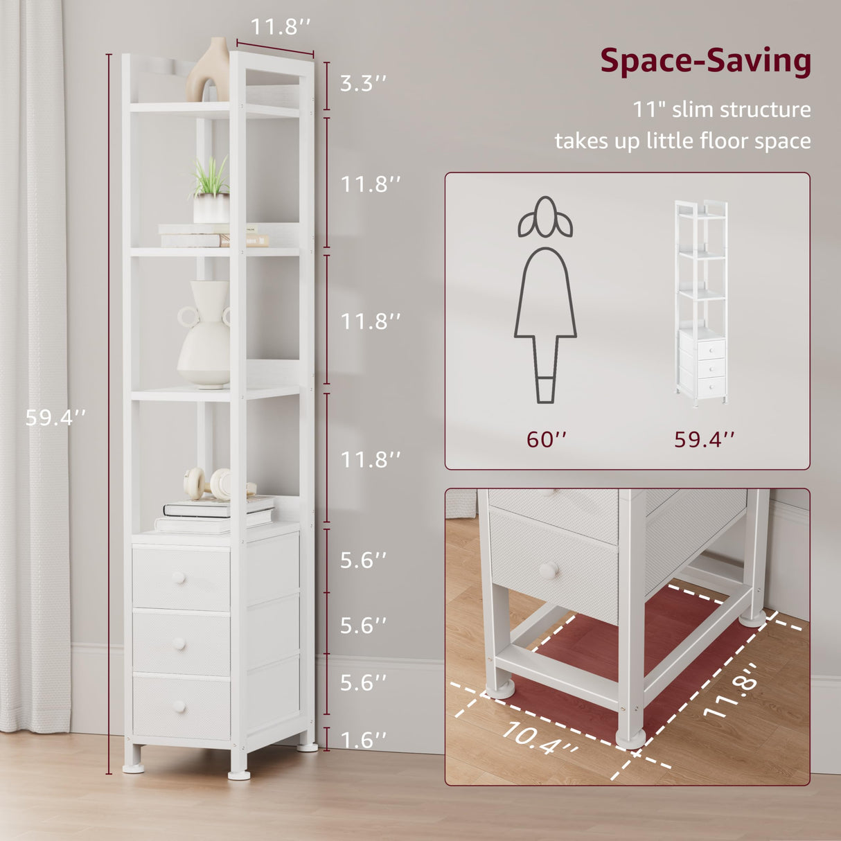 KLUVIS White Narrow Bookshelf with 3 Drawers - 4 Tier Thin Book Shelf for Small Spaces Skinny Shelves Slim Farmhouse Fabric Drawer 60 inch Tall (04W) KLUVIS