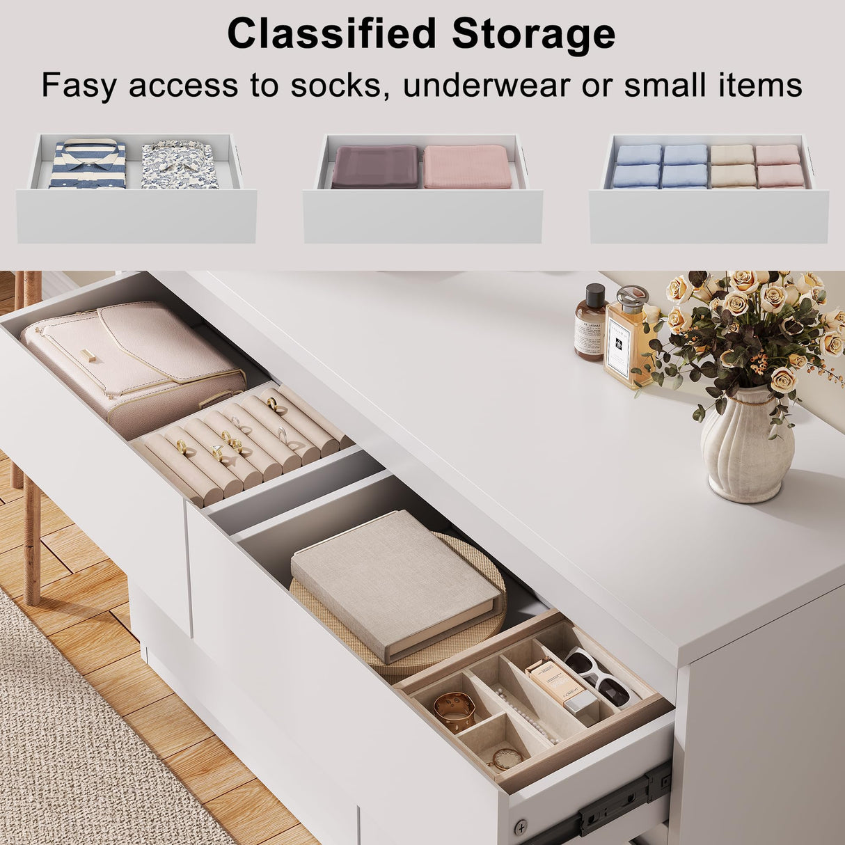 Jocoevol White 6 Drawer Dresser for Bedroom, 15.3" D x 47.2" W x 32.3" H in Simply Modern Chest of Drawers, Wood Storage Double Dresser with Deep Drawers for Living Room, Hallway Entryway, White Jocoevol