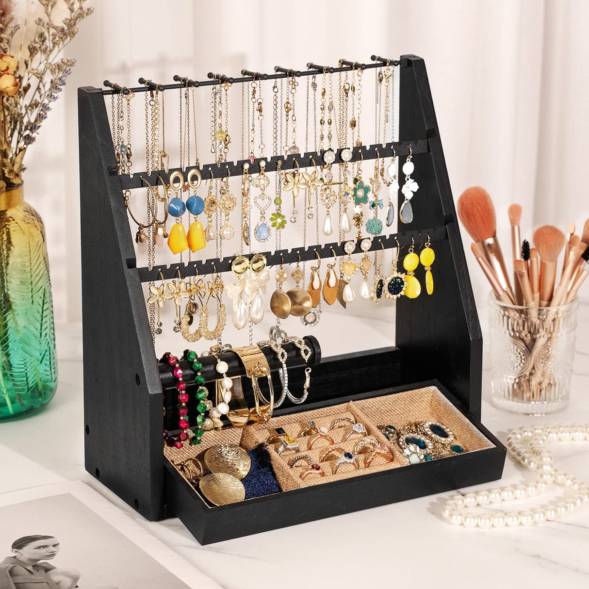 DGWJSU Earring Organizer, 5 Layer Earring Holder Organizer with Necklace Holder, Rustic Wood Jewelry Organizer Stand Display for Stud Earring Bracelet Necklace Ring, Watches DGWJSU