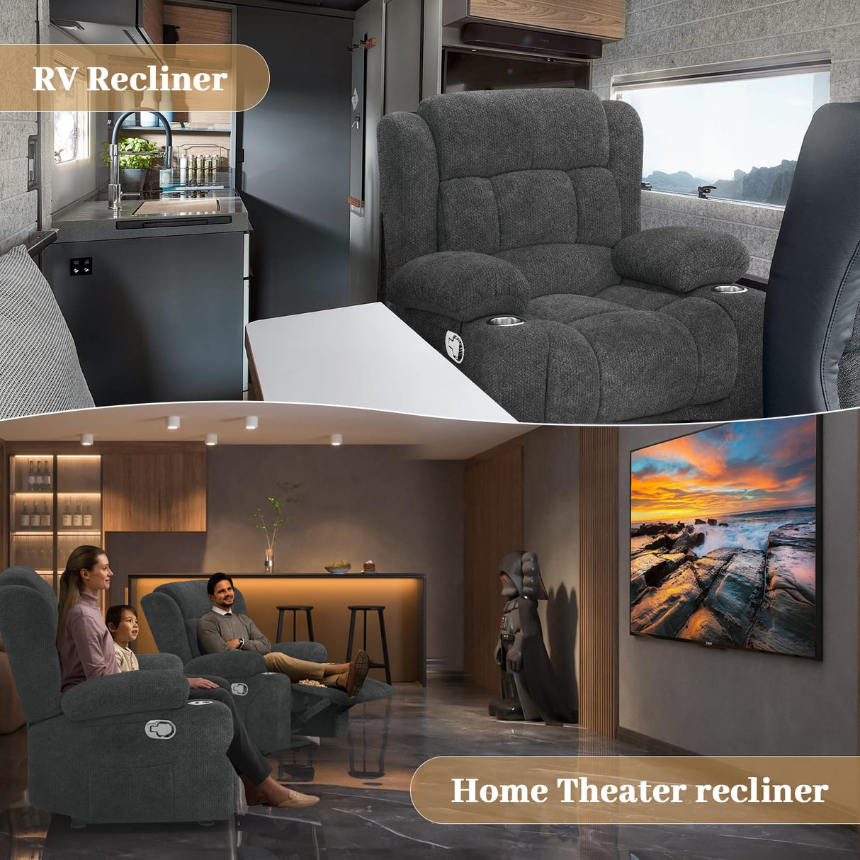 IROSTAE Recliner Chair for Adults, Oversized Fabric Manual Pull Tab Reclining Chair with Cup Holders, Minimalist Style Single Sofa for Living Room, RV (Grey) IROSTAE