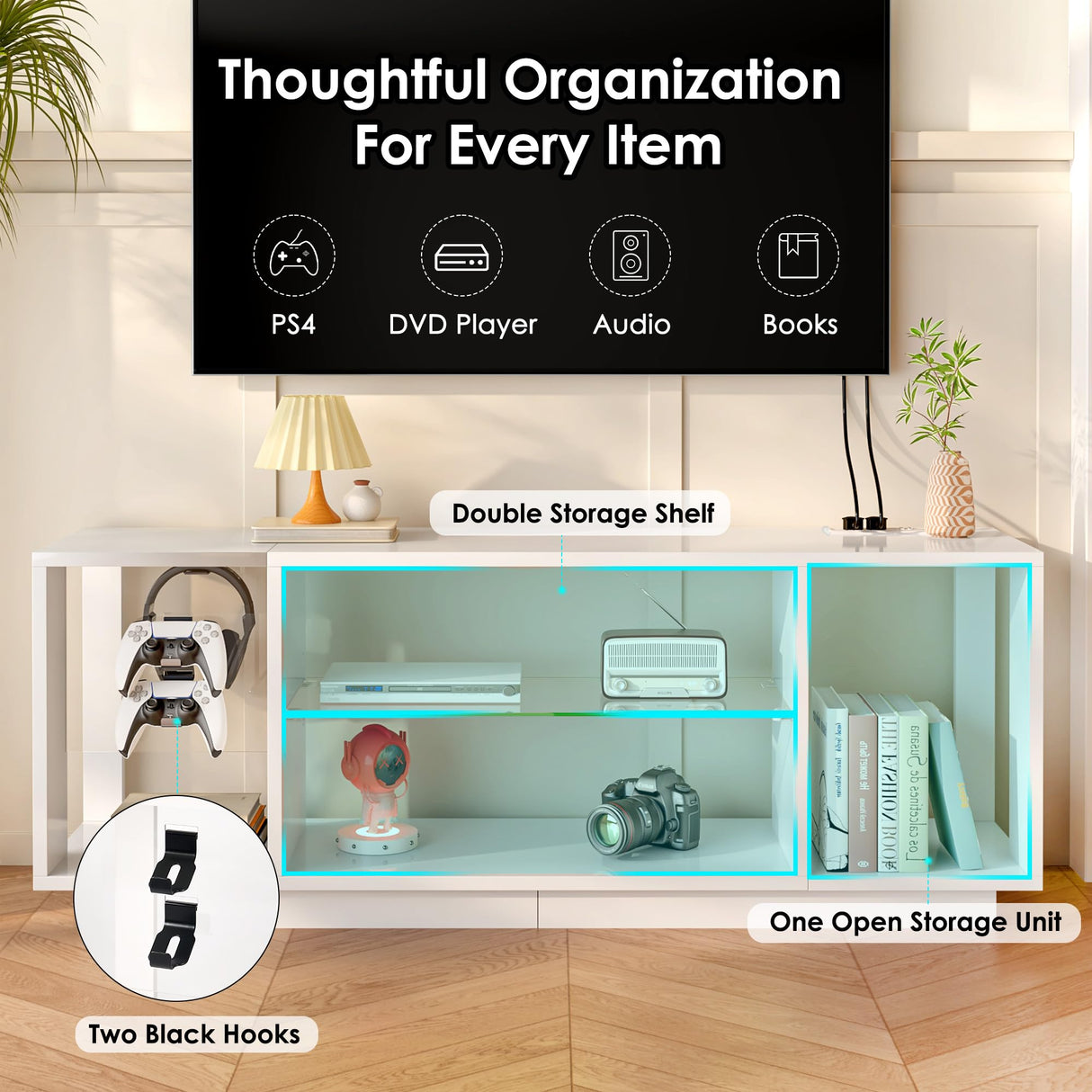 SogesPower LED TV Stand for 55/60/65” TVs,LED Entertainment Center with Charging Station and Adjustable Glass Shelves,TV Stand with Lights for Bedroom Living Room,Media TV Console with Storage,White SogesPower