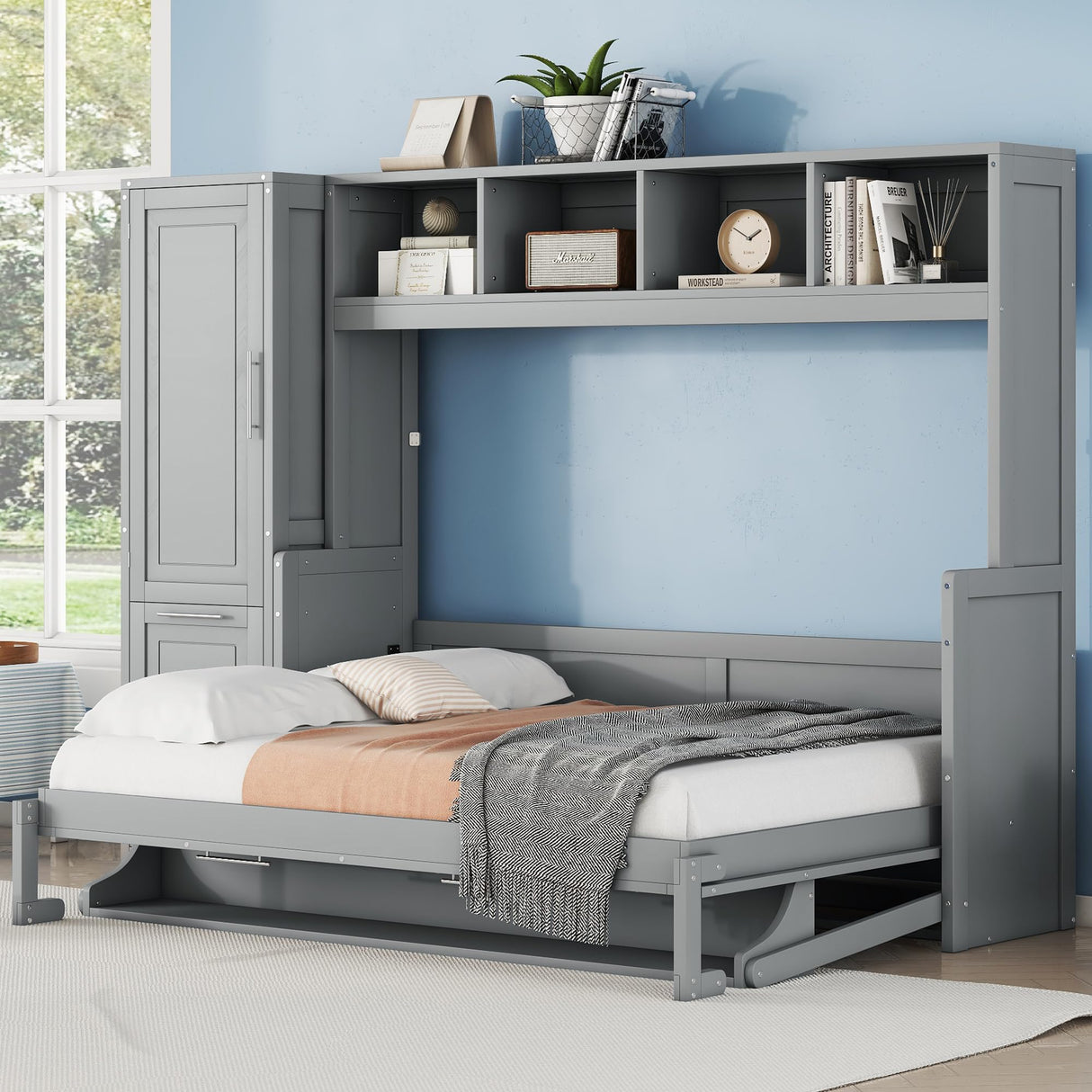 Harper & Bright Designs Full Size Murphy Bed Wall Bed with Closet and Storage Drawers, Shelf and Desk Space-Saving for Multipurpose Guest Room or Home Office, Gray Harper & Bright Designs