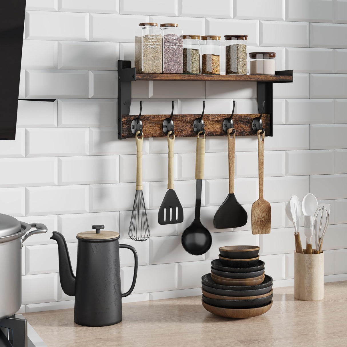 FNBAR Wall Hooks with Shelf, Wood Coat Rack with Shelf Wall-Mounted, Entryway Hanging Shelves with 5 Metal Hooks for Clothes Hats Towel Purse Robes, Bathroom Mudroom Bedroom, Rustic Brown FNBAR