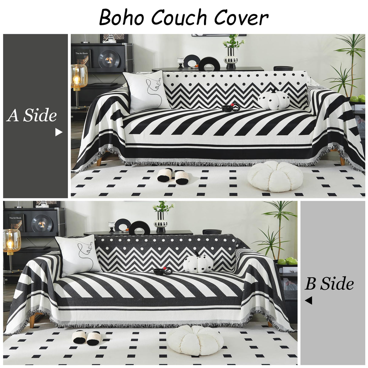 Tritard Boho Couch Cover Reversible Striped Sectional Couch Covers Black White Sofa Loveseat Covers Chenille Cushion Covers with Tassel Washable Couch Protector for Dogs Pet Futon Cover (71"-134") Tritard