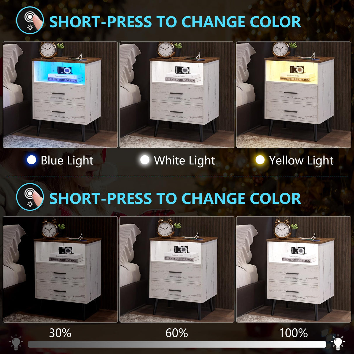 LVSOMT White Nightstand with Charging Station and LED Lights, Modern Bedside Table Smart Night Stand, End Side Table with 2 Drawers, Open Storage Shelf, USB Port for Bedroom LVSOMT