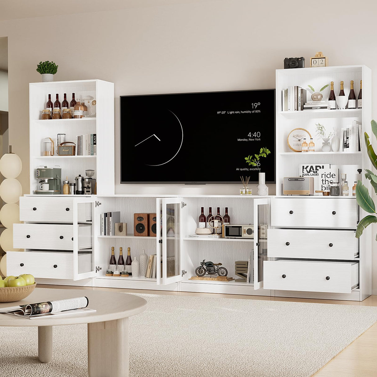 TUSY 4-Piece Large TV Stand with Bookshelves for TVs up to 75", TV Entertainment Center Media Center with Tempered Glass Doors and Shelves, TV Hutch for Living Room (White) TUSY