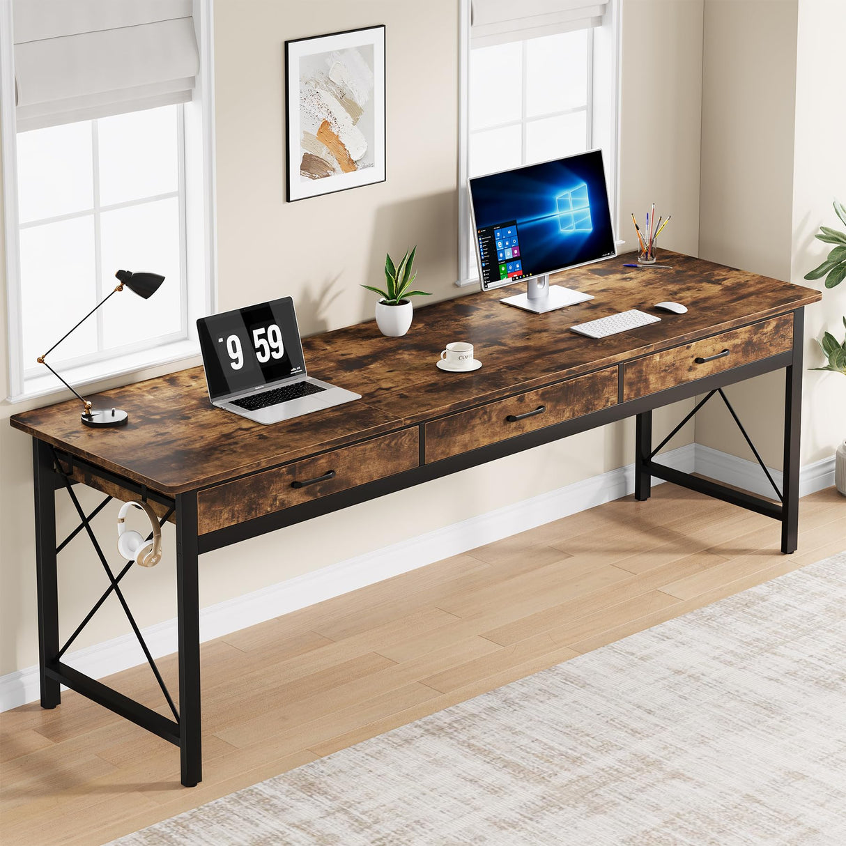 Condemo 78.7 inch Extra Long Computer Desk, Two Person Desk with 3 Drawers, Double Desk with Hooks, Industrial Writing Study Table Workstation for Home Office, Rustic Brown and Black Condemo