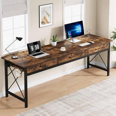 Condemo 78.7 inch Extra Long Computer Desk, Two Person Desk with 3 Drawers, Double Desk with Hooks, Industrial Writing Study Table Workstation for Home Office, Rustic Brown and Black