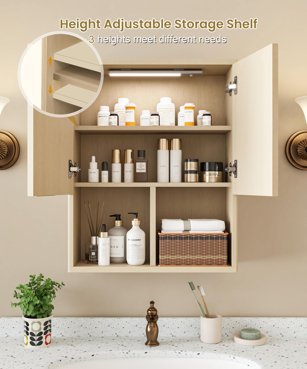 HAIOOU Fluted Bathroom Wall Cabinet with Motion Sensor Light, Curved Profile Wooden Medicine Cabinet Wall Mounted Cupboard, Wave Like Over Toilet Storage Cabinet with Buffering Hinges - Natural HAIOOU