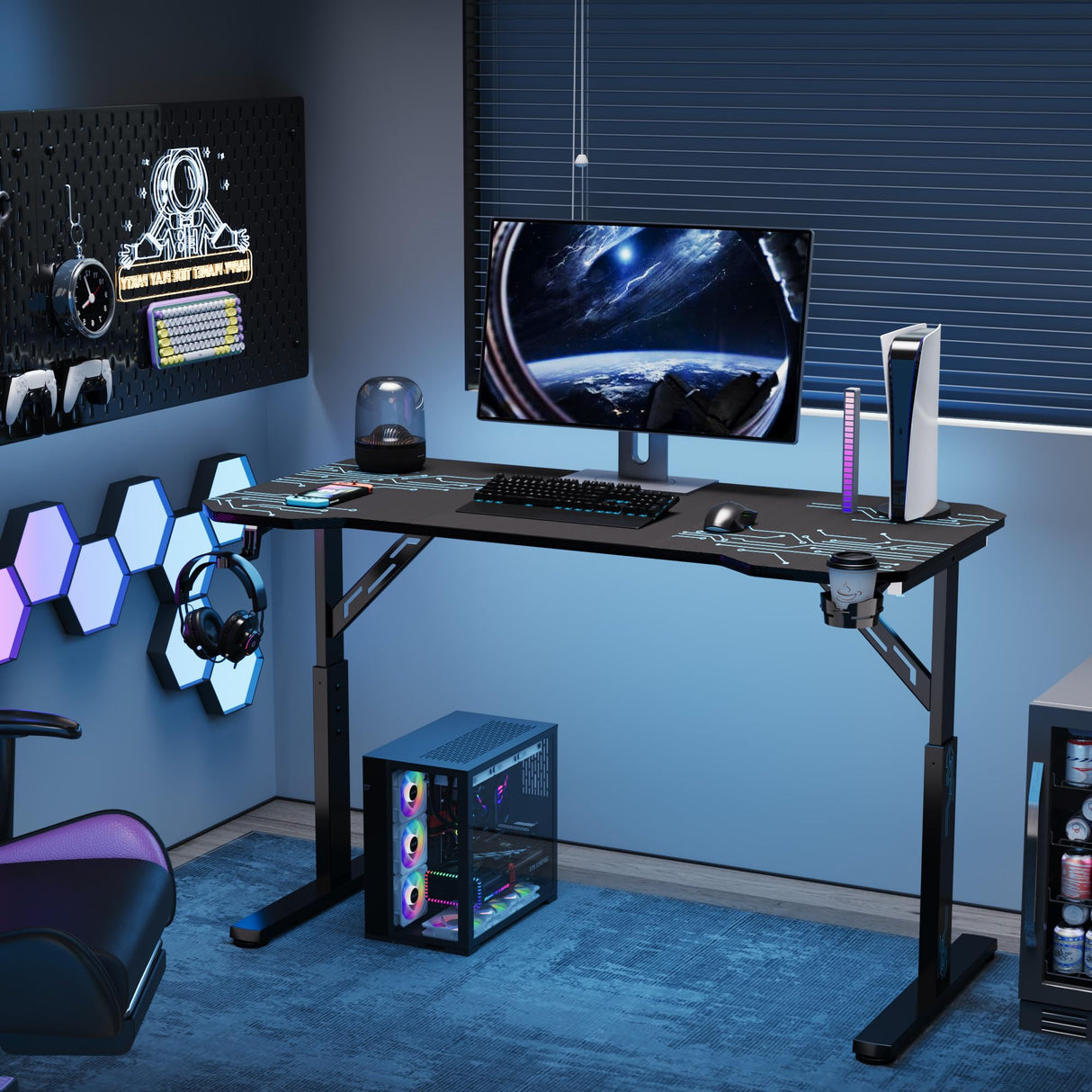 Furmax Height Adjustable Gaming Desk Gamer Table T Shaped with Carbon Fiber Surface Computer PC Desk with Full Covered Mouse Pad, Cup Holder & Headphone Hook, Black (47 Inch) Furmax