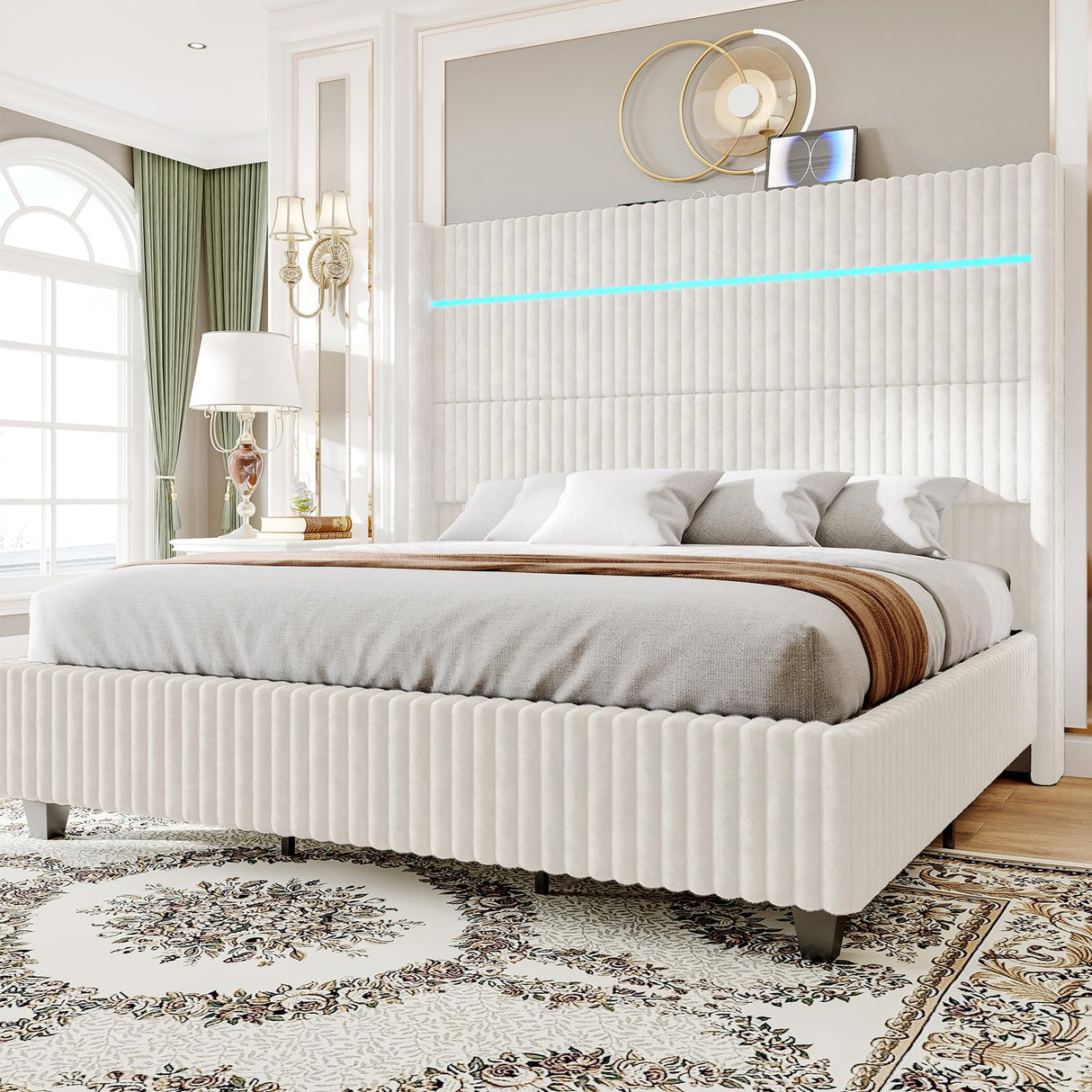 Jocisland 60" Tall King Bed Frame with LED Lights, Corduroy Upholstered Platform Bed Frame with Wingback Headboard and Charging Station/No Box Spring Needed/White Jocisland