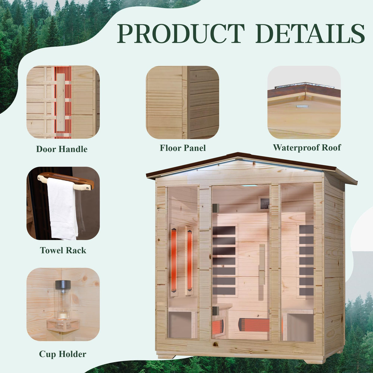BNEHS Outdoor Sauna 4 Person,Full Spectrum Infrared Sauna,Home Sauna with 10 Minutes Warm Up Heating Tubes & Panels,Personal Wooden Sauna Room with Bluetooth Speaker,3060Watt BNEHS