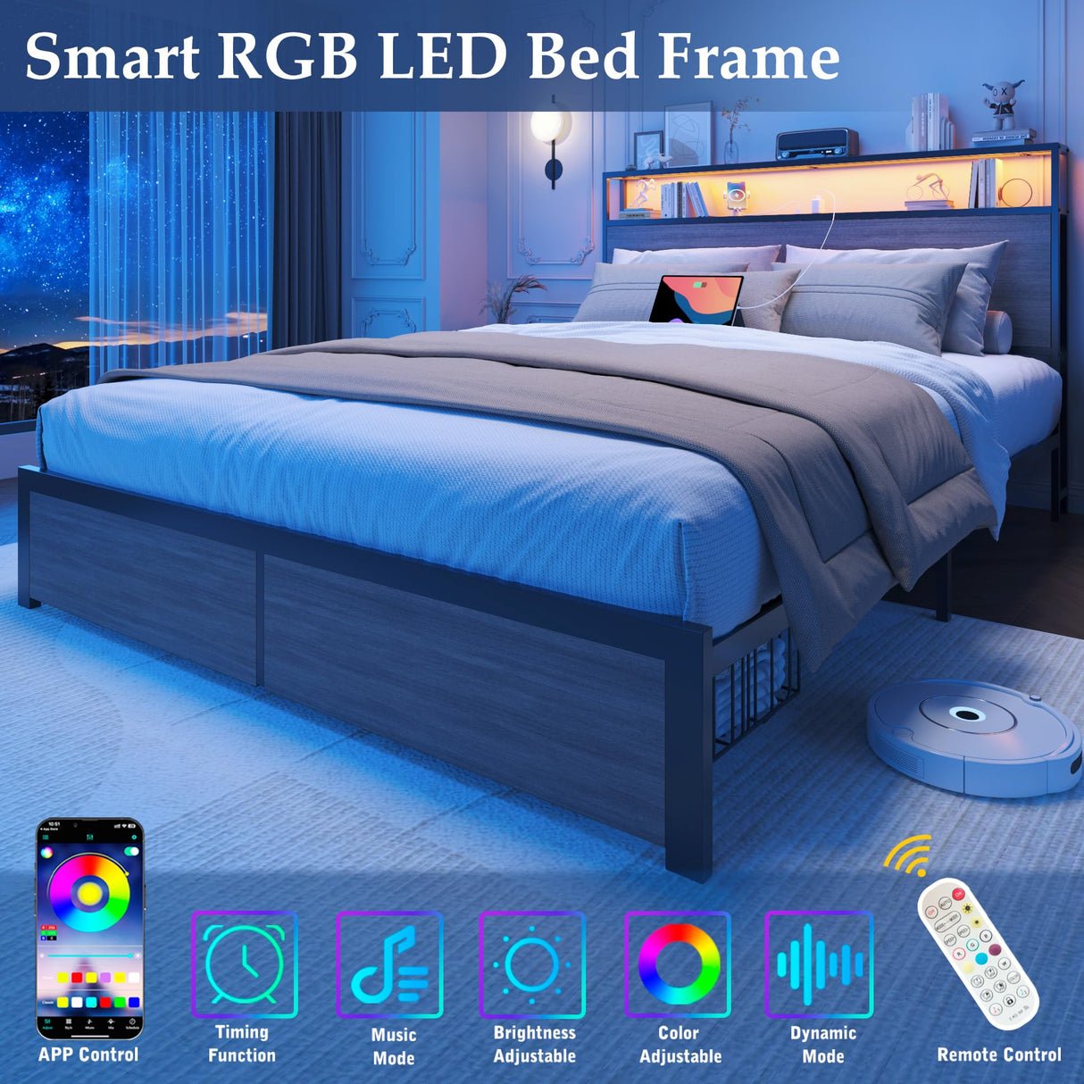 Lifezone Queen Bed Frame with 2-Tier Storage Headboard, Metal Bed Frame with Storage Drawers & Built-in Charging Station & LED, Noise-Free, No Box Spring Needed, Easy Assembly, Rustic Grey Lifezone