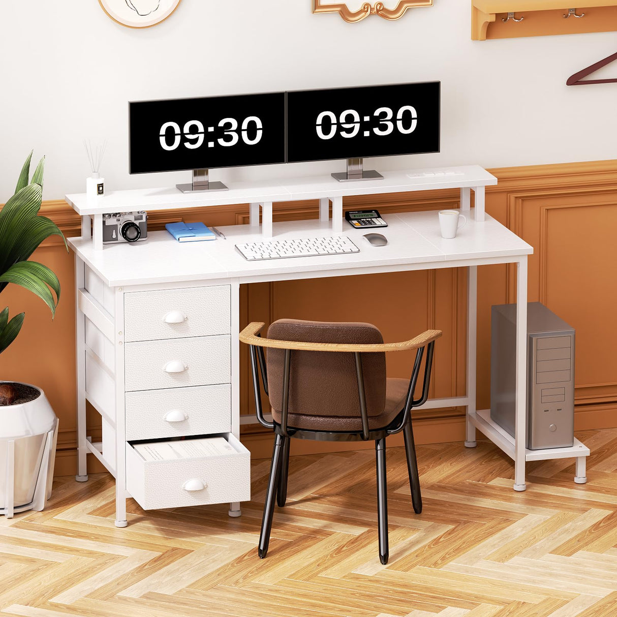 Furologee Computer Desk with 4 Fabric Drawers, 47in Gaming Desk with Power Outlets and LED Lights, Home Office Desk with Full Monitor Stand and Shelf, Study Writing Desk for Bedroom, White Furologee