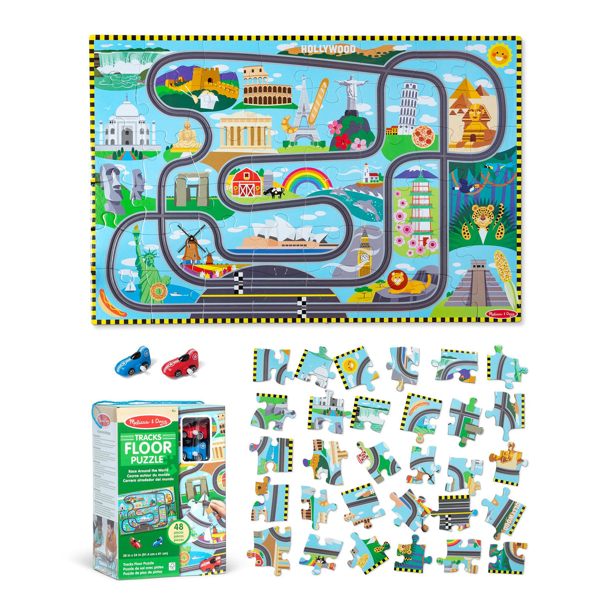 Melissa & Doug Race Around the World Tracks Cardboard Jigsaw Floor Puzzle and Wind-Up Vehicles – 48 Pieces, for Boys and Girls 4+ - FSC Certified Melissa & Doug