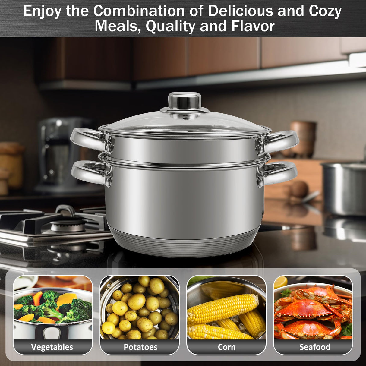 AuFranc® 4 Quart 18/10 Stainless Steel Tri-ply Stockpot and Steamer with Tempered Glass Lid, Multipurpose Steamer Pot Compatible with All Cooktops, Non-Toxic Soup Pot, Oven & Dishwasher Safe (Silver) Aufranc