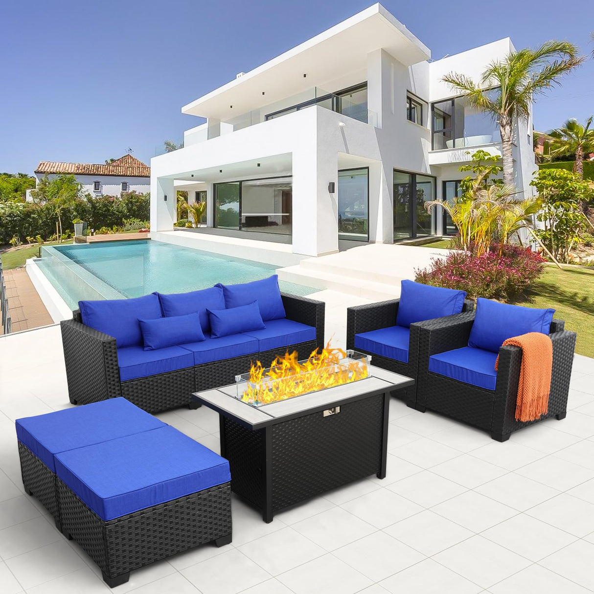 Rattaner Outdoor Patio Furniture 60000 BTU Outdoor Propane Fire Pit Table Patio Furniture Set 45" Outdoor Fire Pits 6 Pieces Patio Sofa Outdoor Chairs Anti-Slip Cushions Waterproof Covers, Royal Blue Rattaner