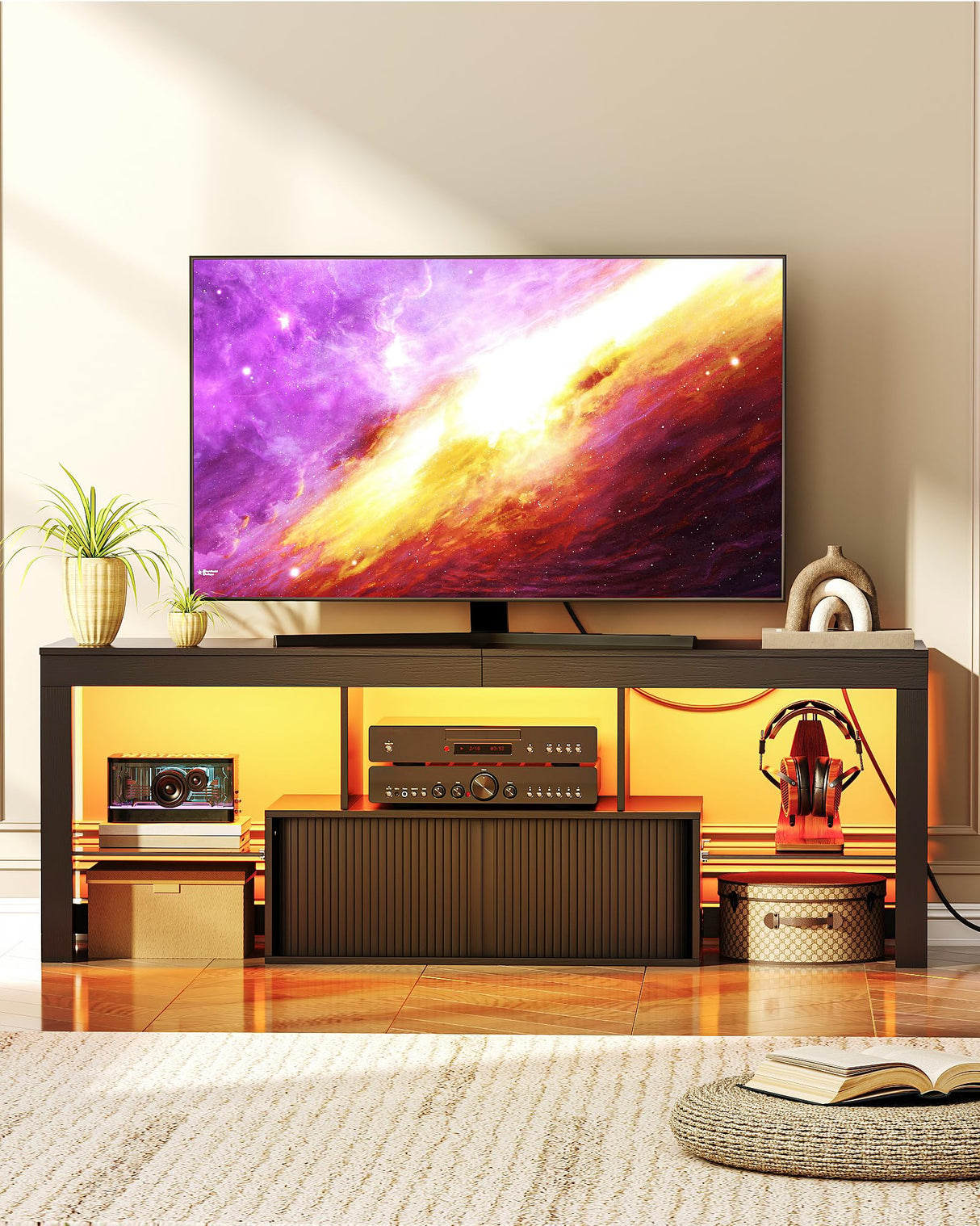 CHOEZON TV Stand with Power Outlet, Modern TV Cabinet for 55 60 inch TVs, Media TV Console with LED Light Strip, Media Entertainment Center with Storage, for Living Room, Bedroom, Black MDS02UDBB CHOEZON