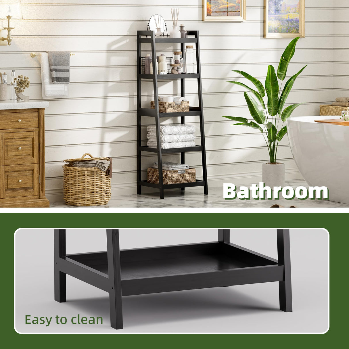 vovala Bookshelf, 5 Tier Ladder Bookcase with Bamboo Frame, Freestanding Tall Narrow Display Plant Shelf for Living Room, Kitchen, Bedroom, Balcony, Black vovala