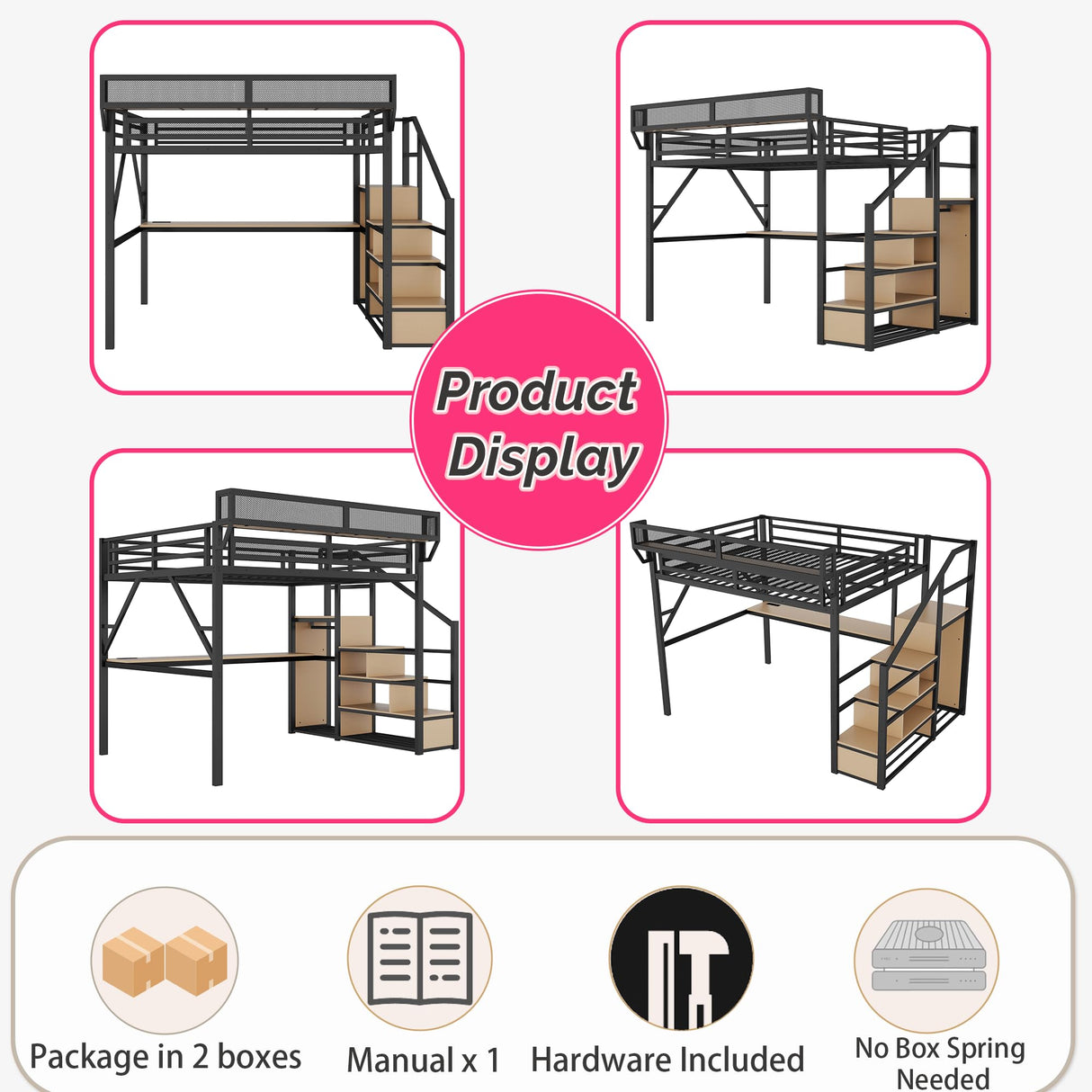 Metal Loft Bed with Desk and RGB LED Lights, Queen Size Loft Bed with Stairs and Charging Station,Adult Loft Beds with Storage Shelves for Upper and Wardrobe,Loft Beds Frame for Kids Teens, Black Duxelifin