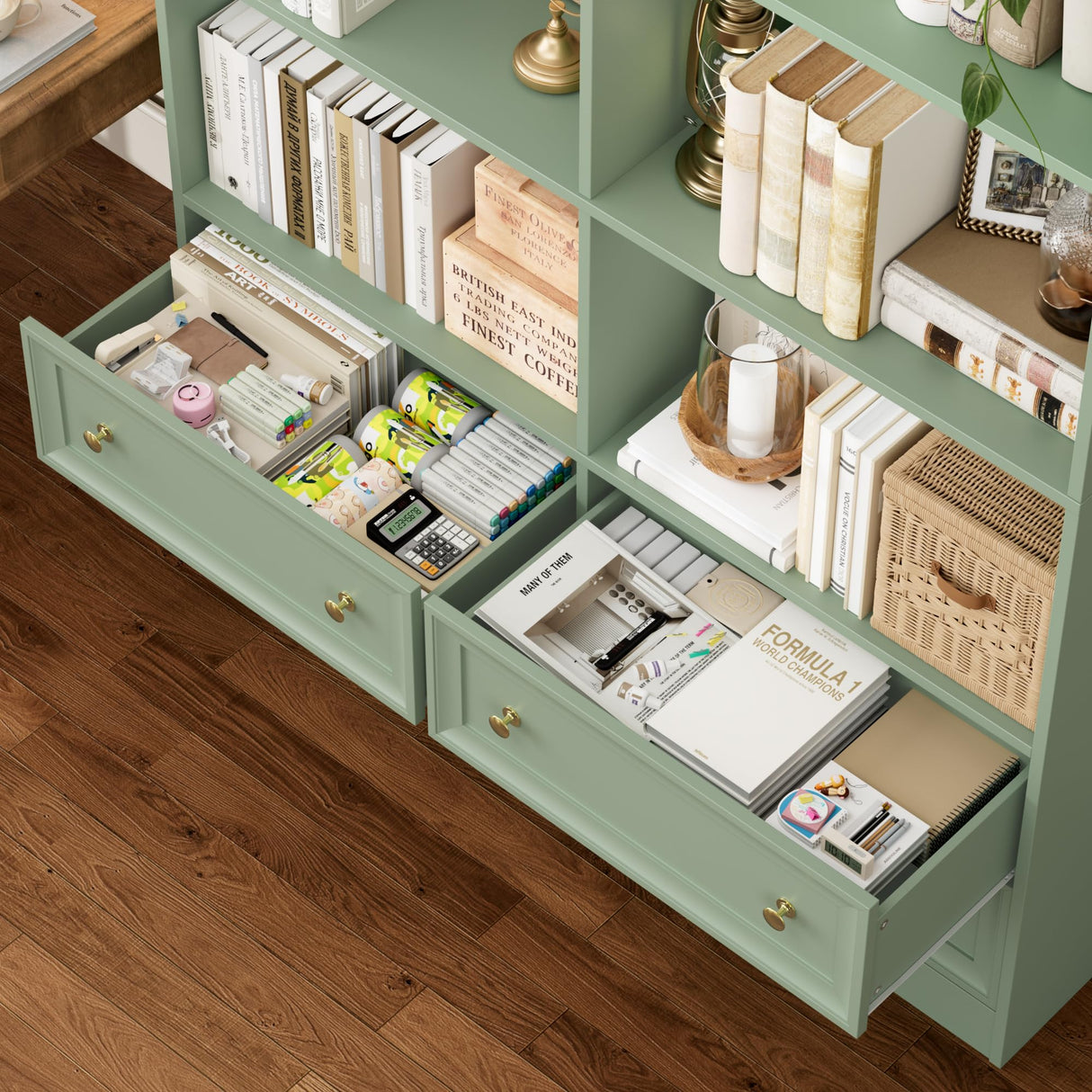 FINETONES 71" Tall Bookshelf with 4 Drawers, 6-Tier Double Wide Bookshelves and Bookcases with Storage, Green Bookshelf Large Open Bookshelves Standing Book Cabinet for Home Office FINETONES